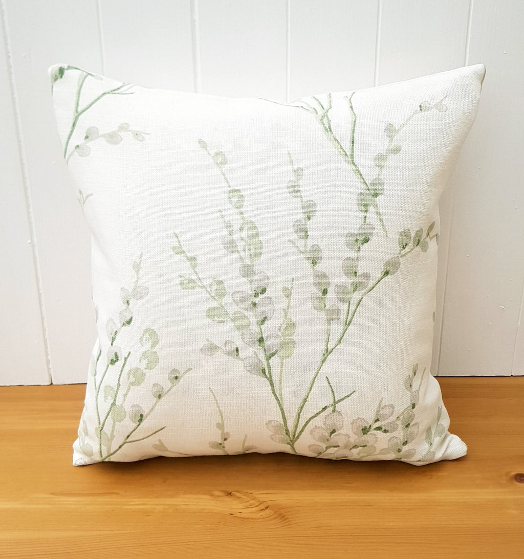 Laura Ashley Pussy Willow Cushion, Green Floral Hedgerow Pillow, backed in Laura Ashley Austen, Handmade with a Zip Fastening