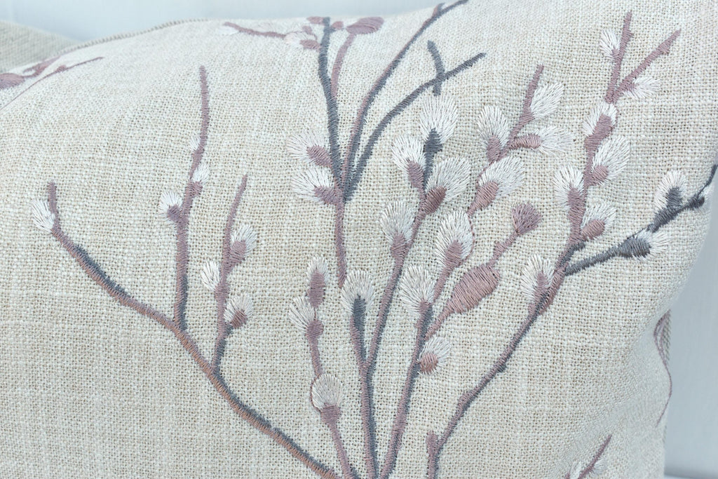 Laura Ashley Blush Pussy Willow Cushion, Embroidered Pillow backed in Austen Natural, Handmade with a Zip Fastening 16"