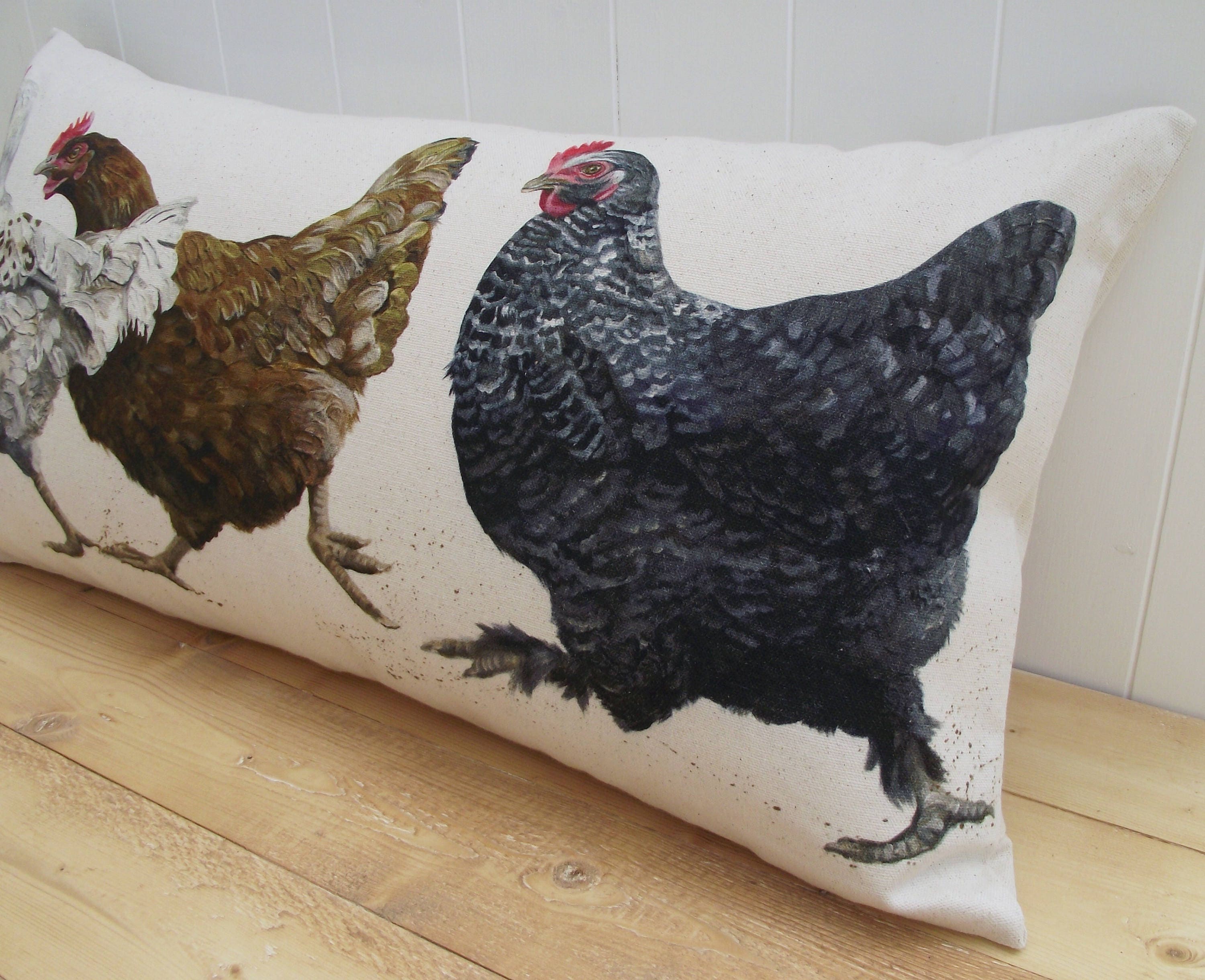 Chicken Run Rustic Cushion, Wendy Darker Art Print on Organic Cotton Fabric, Handmade Cushion with Zip Fastening.