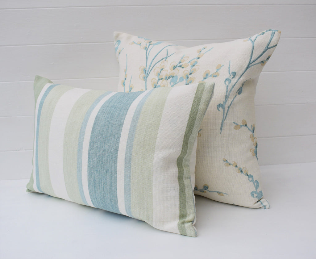 Laura Ashley Pussy Willow Duck Egg Cushion, Floral Pillow with Austen Off White back, Handmade with a Zip fastening.