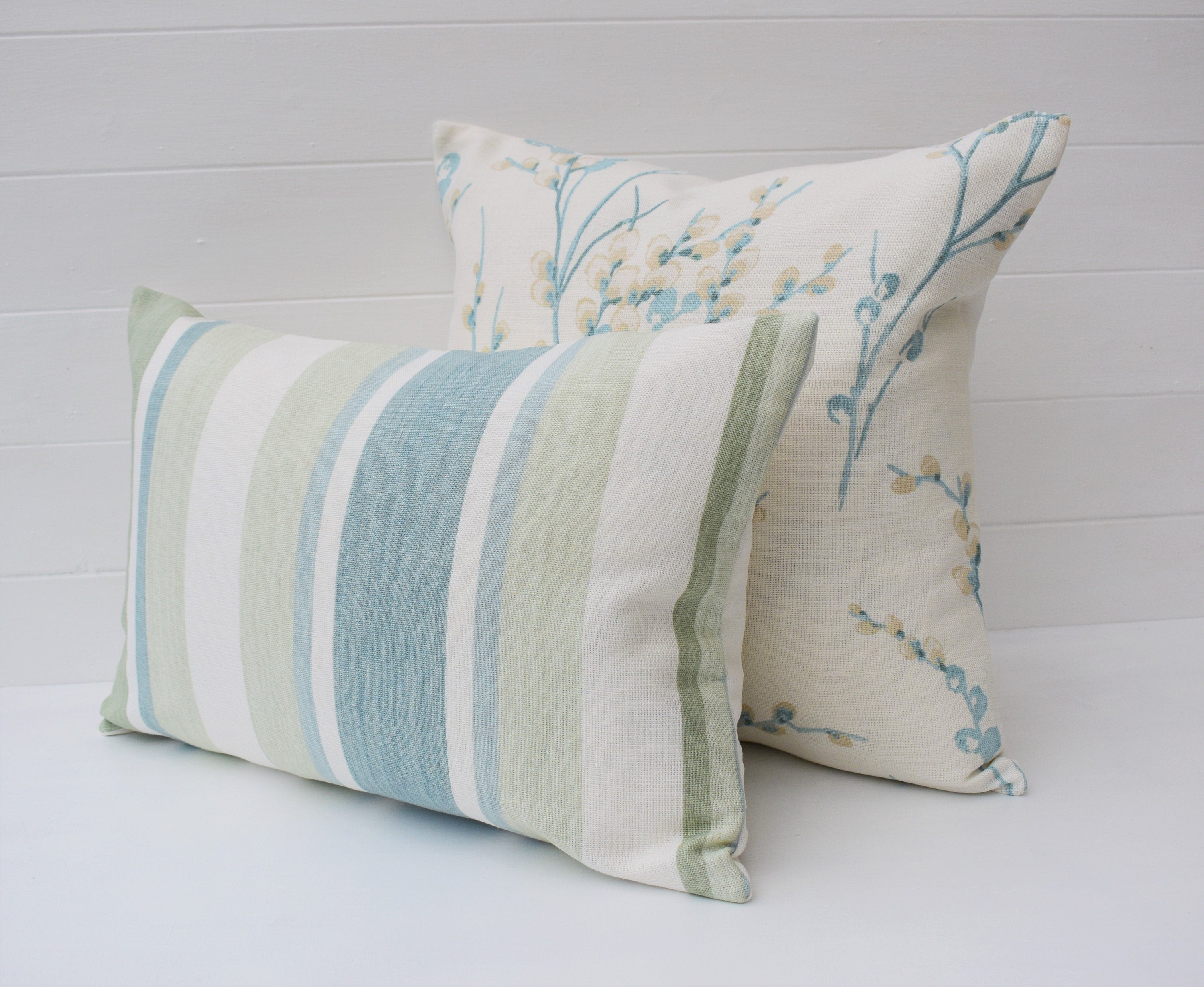 Laura Ashley Pussy Willow Duck Egg Cushion, Floral Pillow with Austen Off White back, Handmade with a Zip fastening.