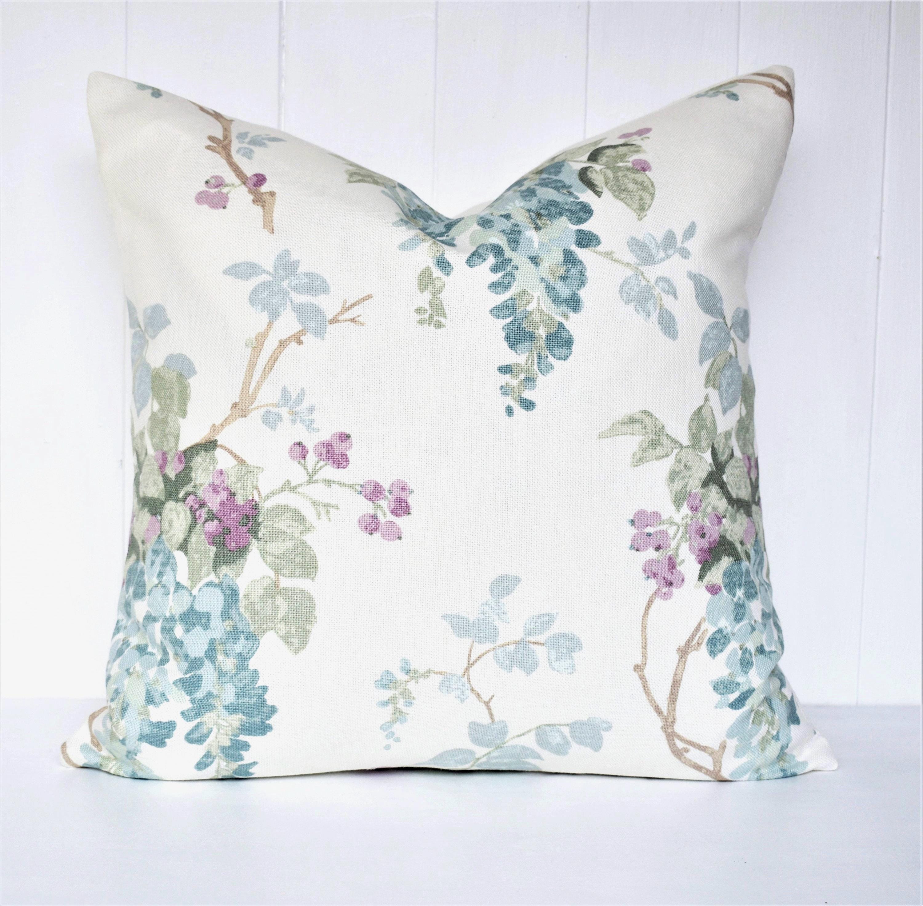 Laura Ashley Duck Egg Wisteria Cushion, backed with Laura Ashley Austen Off White, 16” Handmade with a Zip Fastening