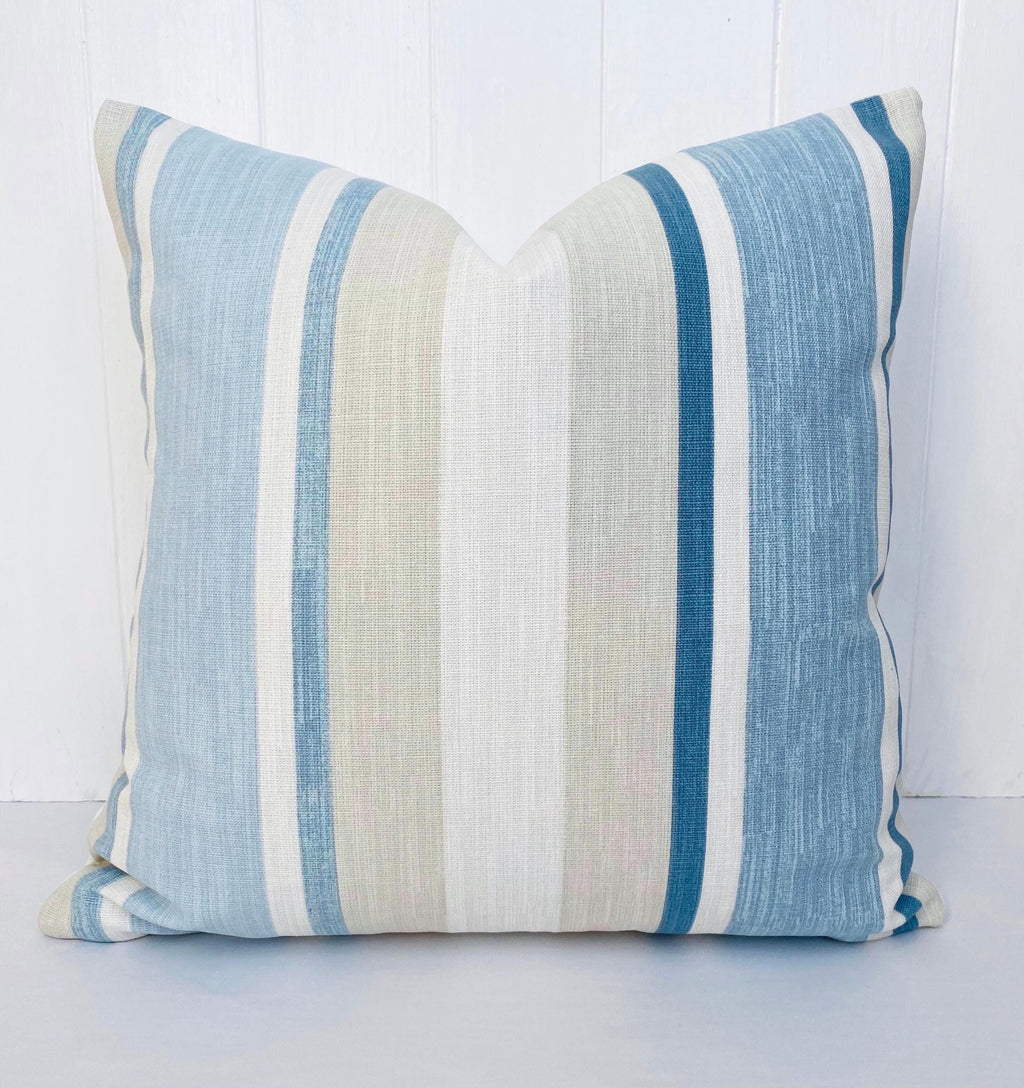Handmade Laura Ashley Awning Stripe Seaspray Cushion : 15” Blue Stripes Pillow with Zip Fastening