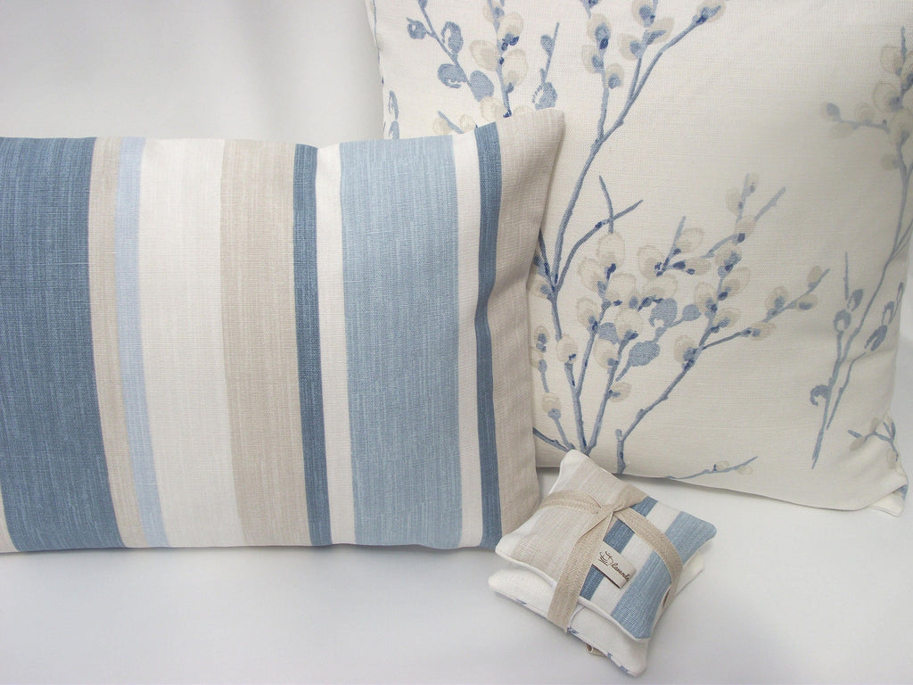 Laura Ashley Pussy Willow Blue Seaspray Cushion, Floral Fabric backed with Laura Ashley Austen Off White, Handmade with a Zip Fastening 16"