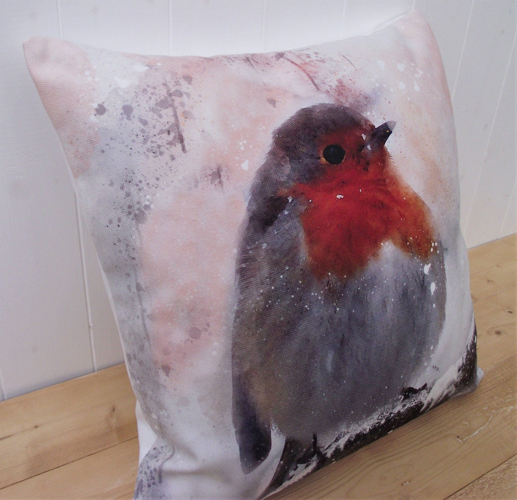 Winter Robin Pillow: Watercolor Bird Art, Snow Scene Cushion, Cover Only or Cover + Pad