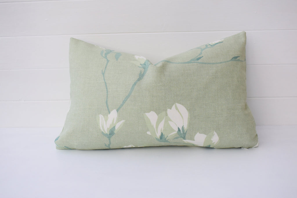 Magnolia Hedgerow Green Cushion, Handmade with Pattern on Both sides and Zip Fastening 18" by 12"
