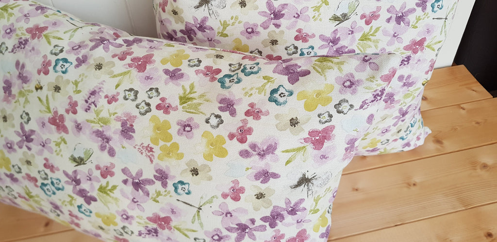 Handmade Lilac Floral Cushion: Hidcote Pastel Fabric, Zip Fastening