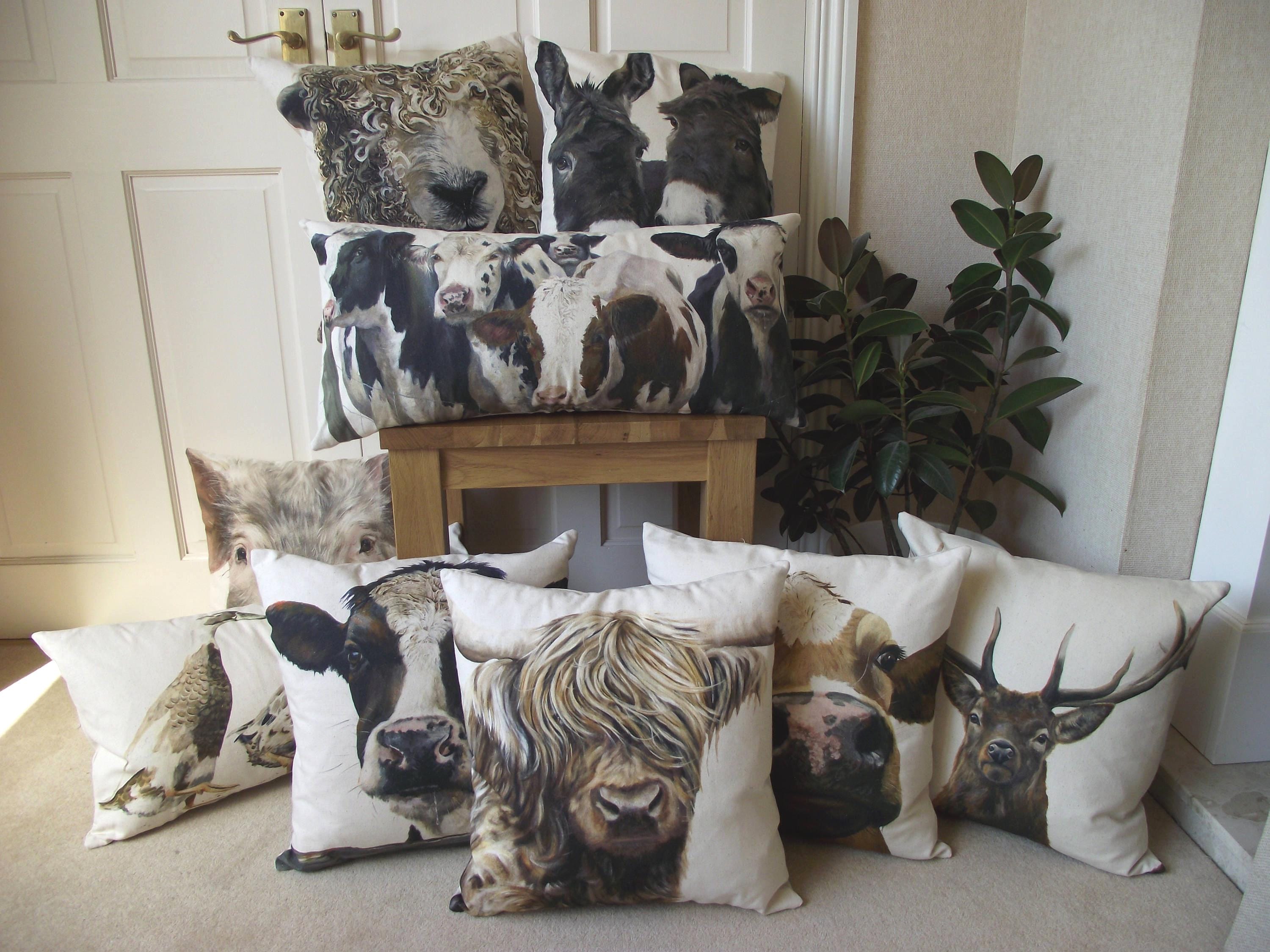 Friesian Cow Art Print Cushion: Handmade Organic Cotton Pillow Including Pad