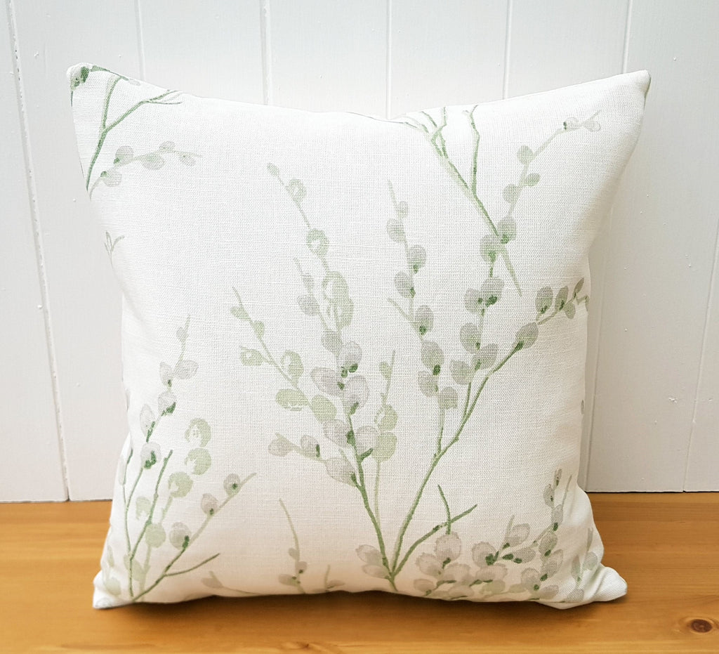 Laura Ashley Green Pussy Willow Cushion, 18" by 12" Floral Hedgerow Pillow, backed in Austen Off White, Handmade with a Zip Fastening