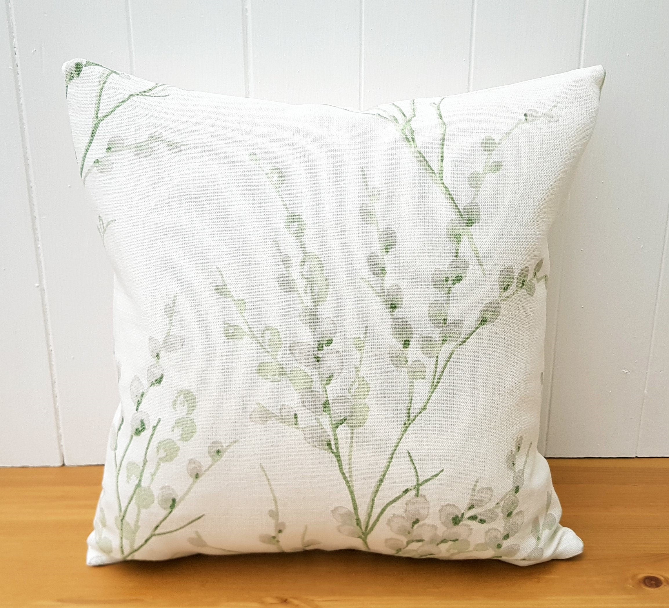 Laura Ashley Green Pussy Willow Cushion, 18" by 12" Floral Hedgerow Pillow, backed in Austen Off White, Handmade with a Zip Fastening