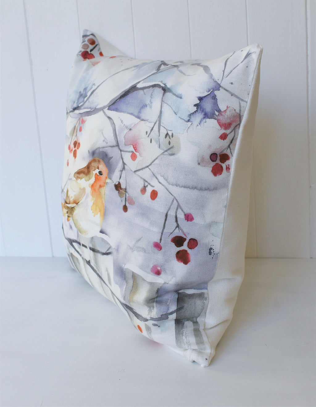 Handmade Winter Robin Cushion: Voyage Maison Watercolor Print, Laura Ashley Back