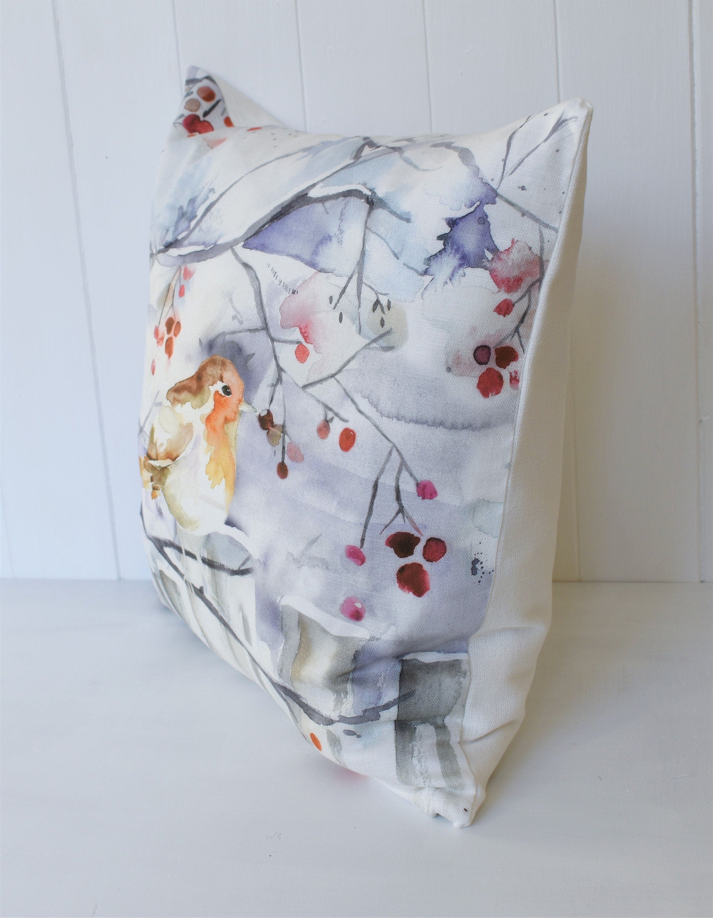 Handmade Winter Robin Cushion: Voyage Maison Watercolor Print, Laura Ashley Back