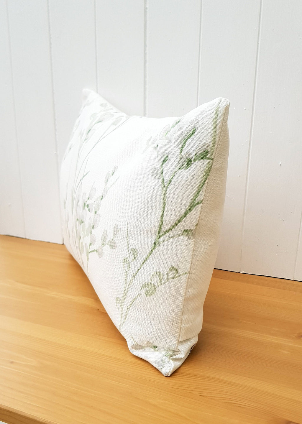 Laura Ashley Green Pussy Willow Cushion, 18" by 12" Floral Hedgerow Pillow, backed in Austen Off White, Handmade with a Zip Fastening