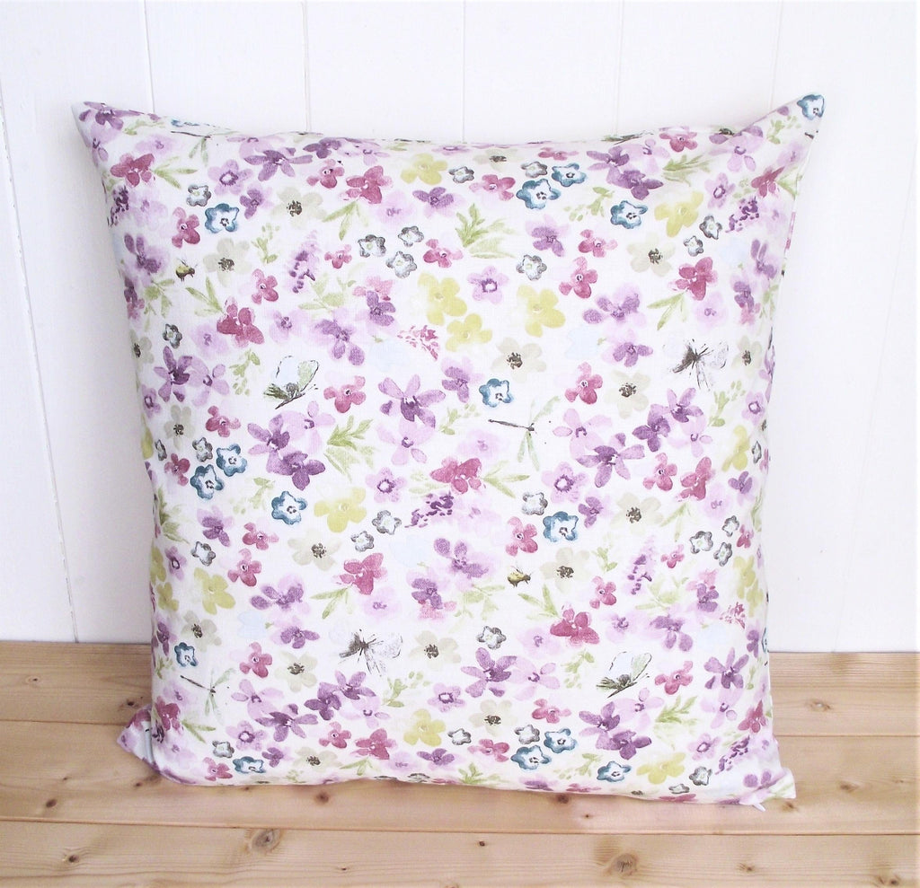 Purple Floral Cushion, Hidcote Pattern on both Sides, Pastel Flower Pillow,  with Zip Fastening.