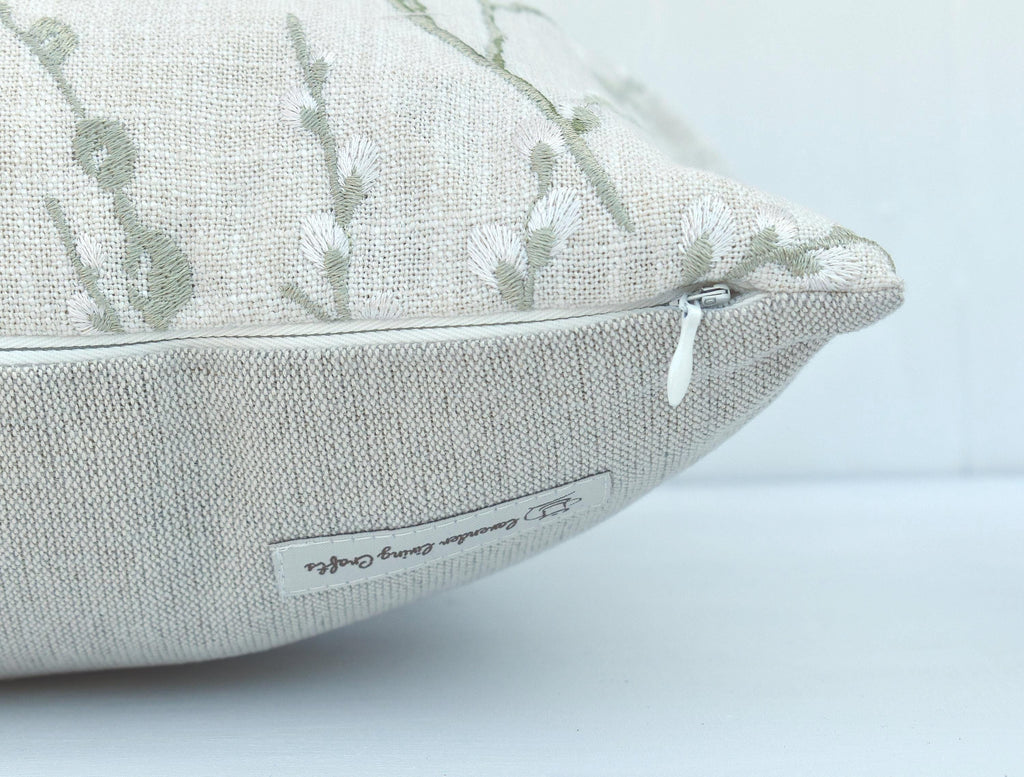 Laura Ashley Pussy Willow Cushion, Handmade in Embroidered Green Floral Hedgerow,16"