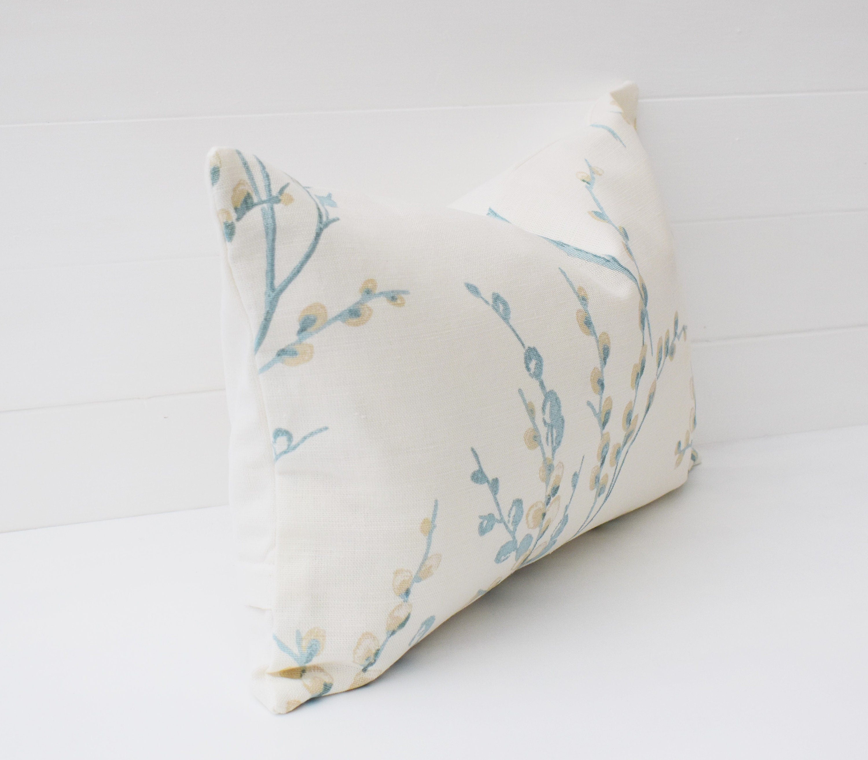 Laura Ashley Pussy Willow Duck Egg Cushion, Floral Pillow with Austen Off White back, Handmade with a Zip fastening.