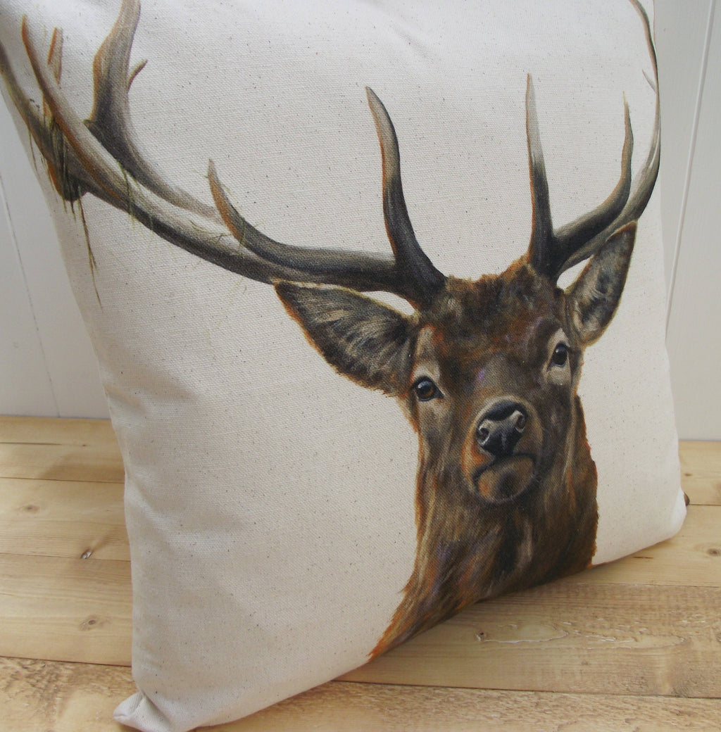 Stag Art Print Cushion: Organic Cotton Deer Pillow, Cover only or Cover with Pad