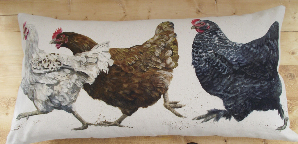 Chicken Run Rustic Cushion, Wendy Darker Art Print on Organic Cotton Fabric, Handmade Cushion with Zip Fastening.