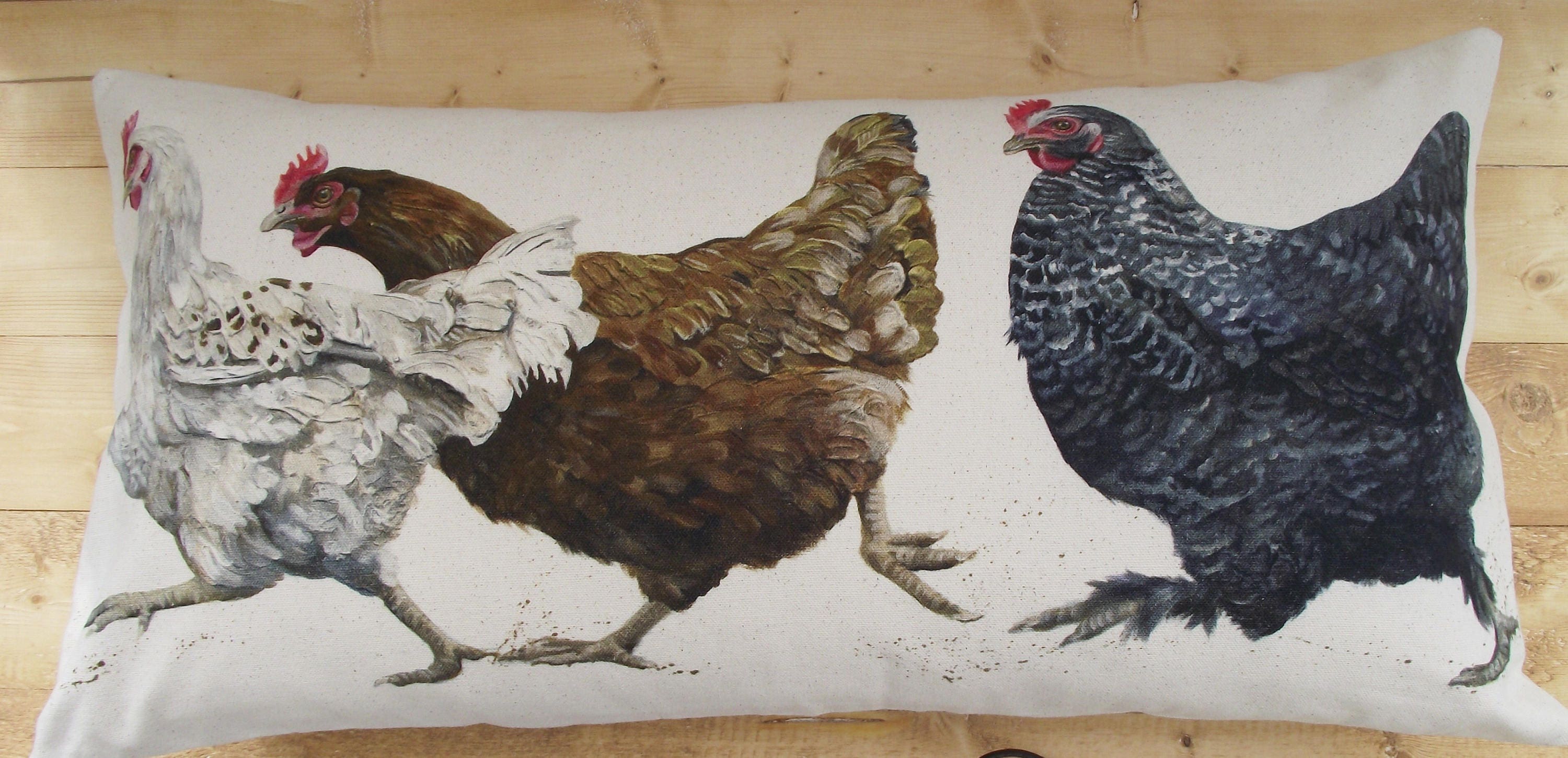 Chicken Run Rustic Cushion, Wendy Darker Art Print on Organic Cotton Fabric, Handmade Cushion with Zip Fastening.