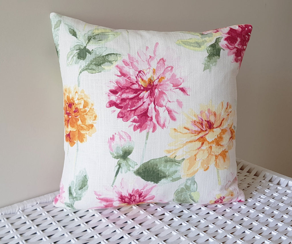 Laura Ashley Dahlia Floral Cushion, backed with Laura Ashley Off White fabric, Handmade with a zip fastening 16"