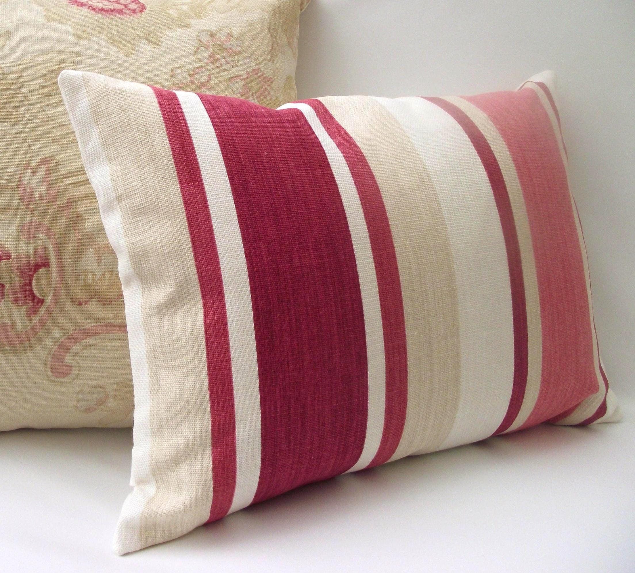 Laura Ashley Awning Stripe Cushion : Handmade in Pale Cranberry with a Zip Fastening 17” by 12”