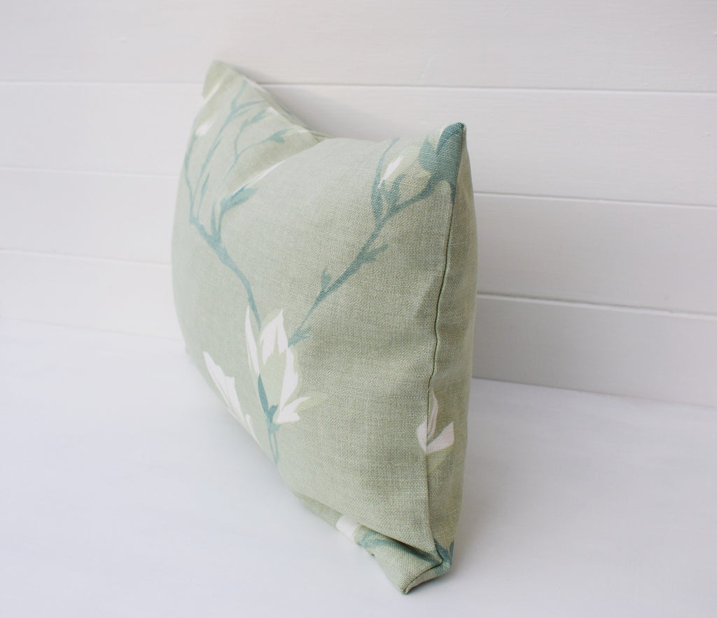 Magnolia Hedgerow Green Cushion, Handmade with Pattern on Both sides and Zip Fastening 18" by 12"