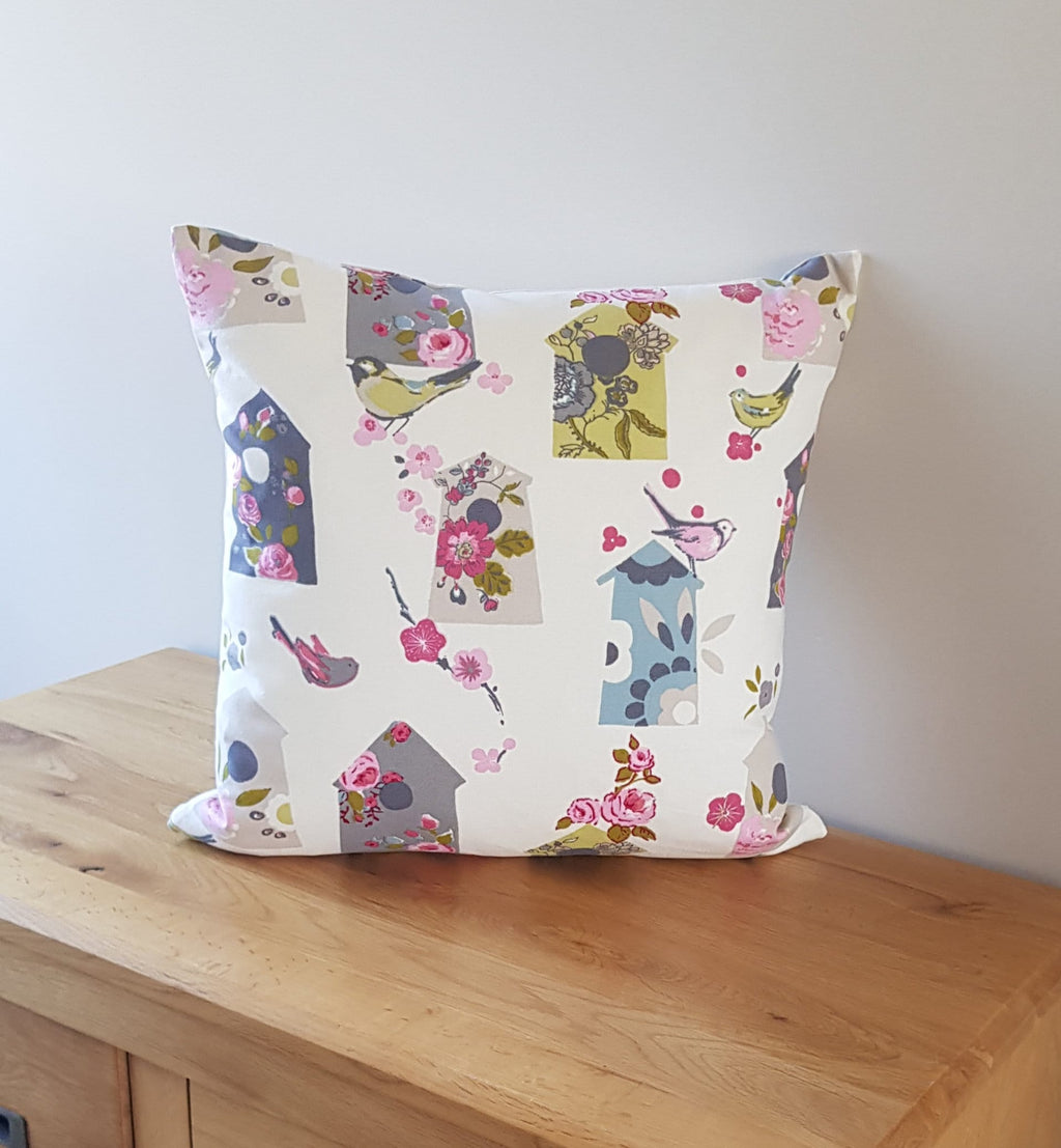 BirdHouse Cushion, Flowers and Birds Pillow with Pattern on Both Sides, Fastened with a Zip
