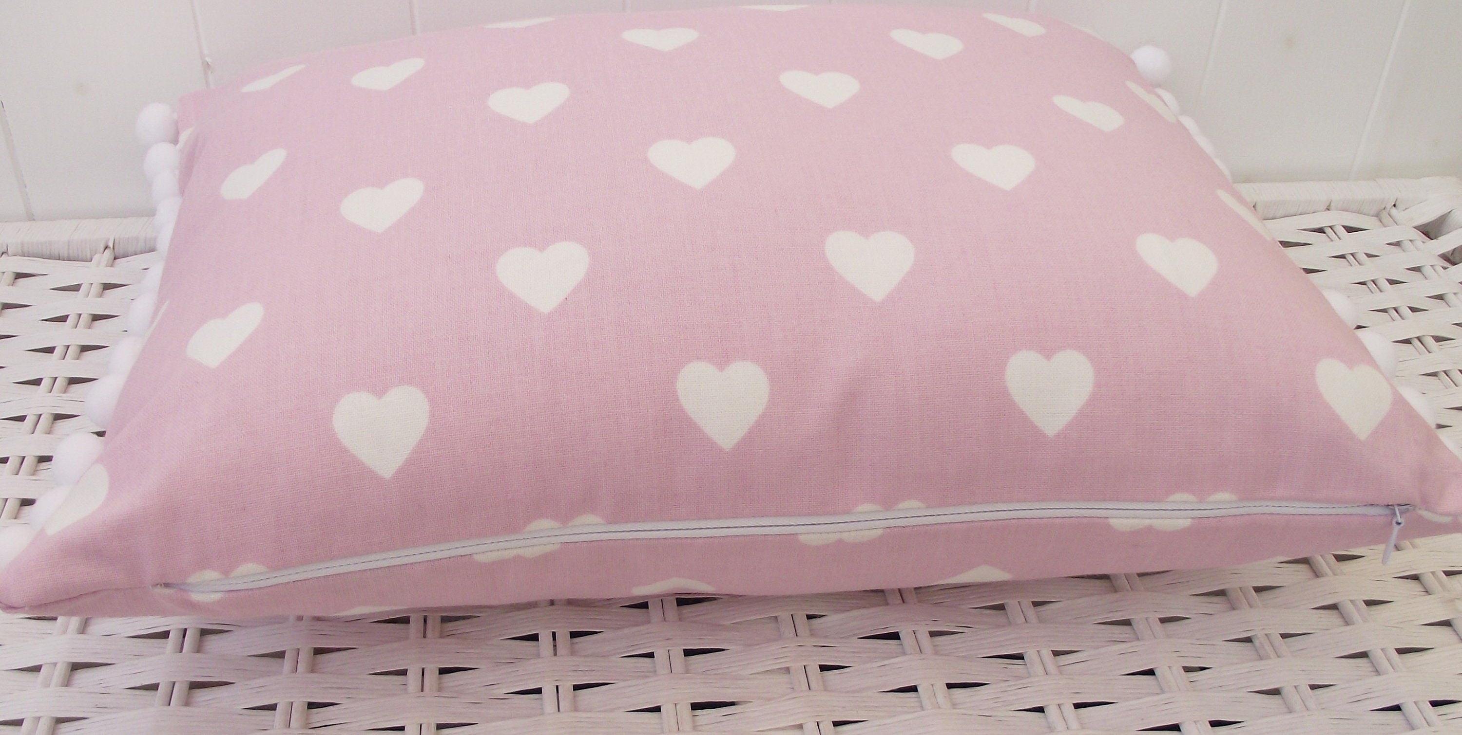 Laura Ashley Pink Hearts Cushion: Handmade Pom Pom Cushion