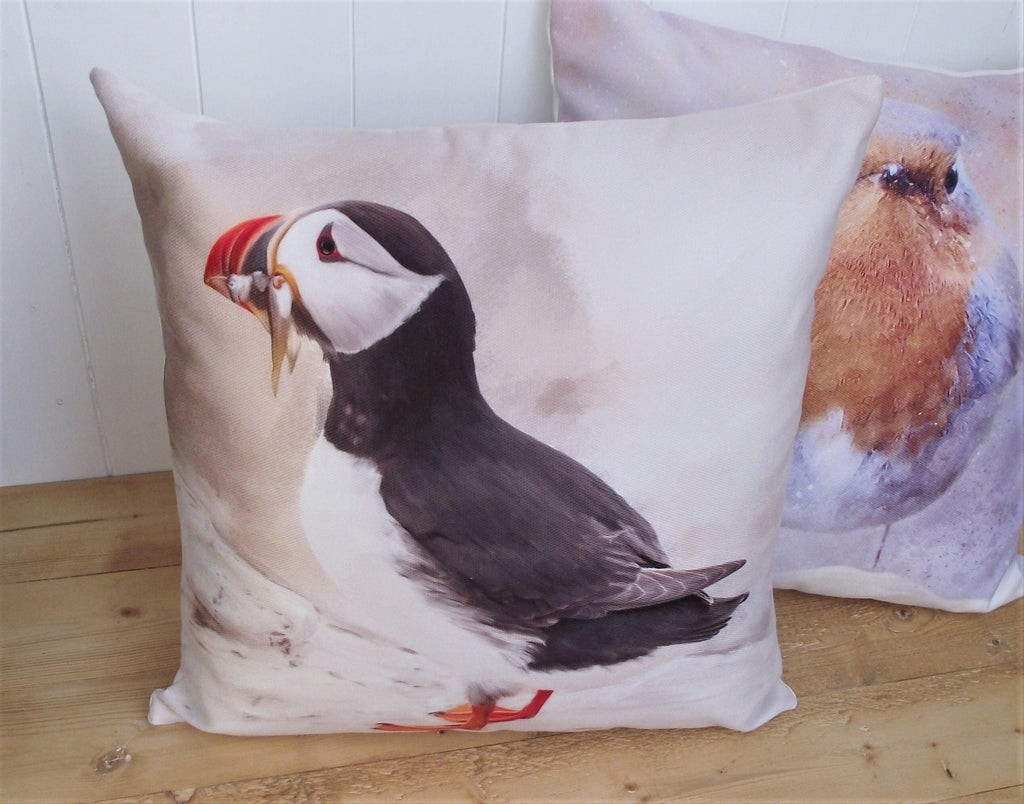 Puffin Bird Cushion: Handmade Coastal Pillow, Cover Only or Cover + Pad