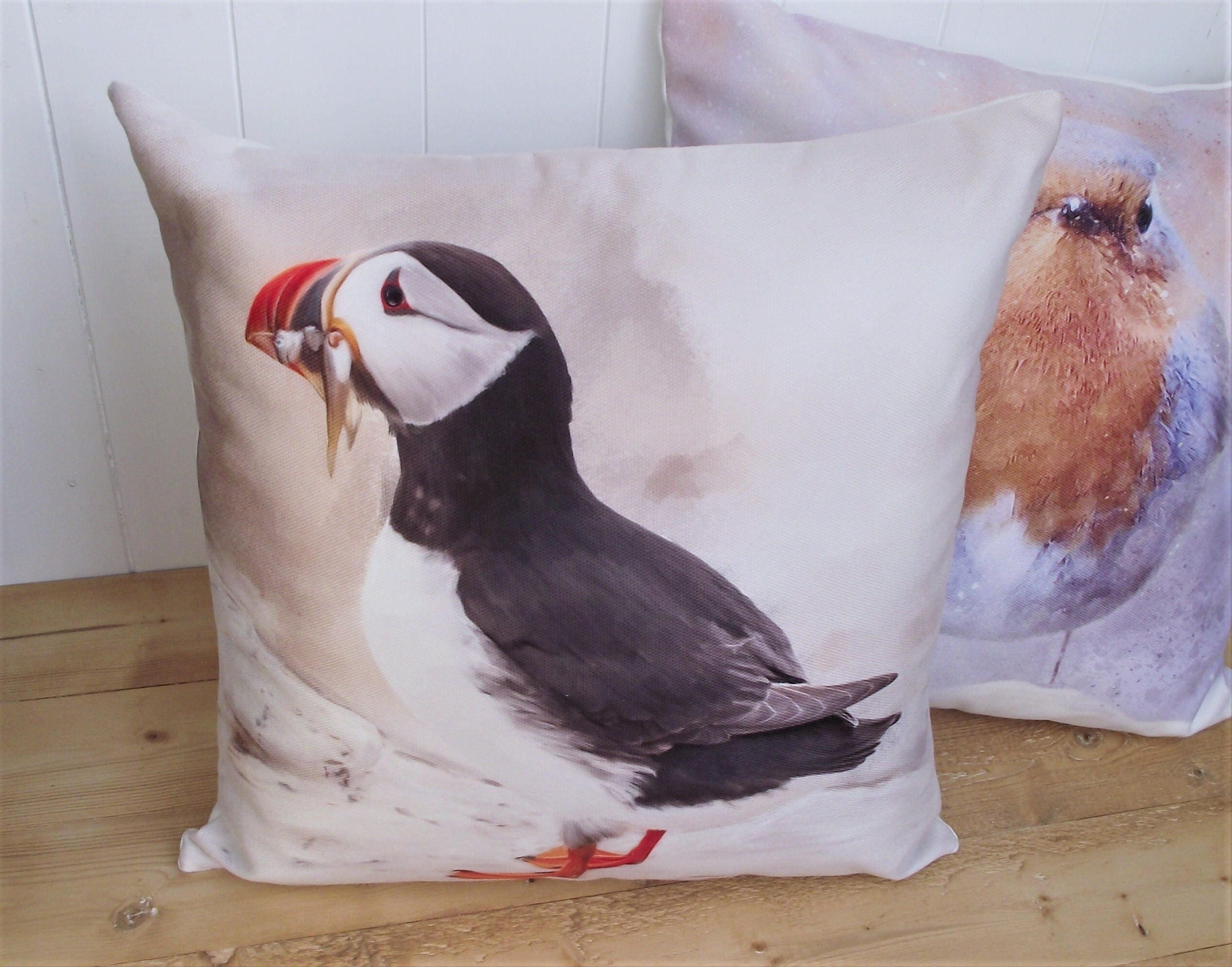 Puffin Bird Cushion: Handmade Coastal Pillow, Cover Only or Cover + Pad
