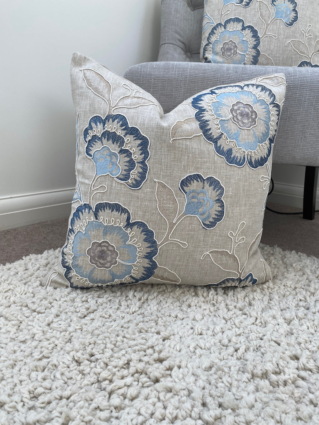 Richmond Denim Blue Cushion, Handmade with Embroidered Floral Fabric