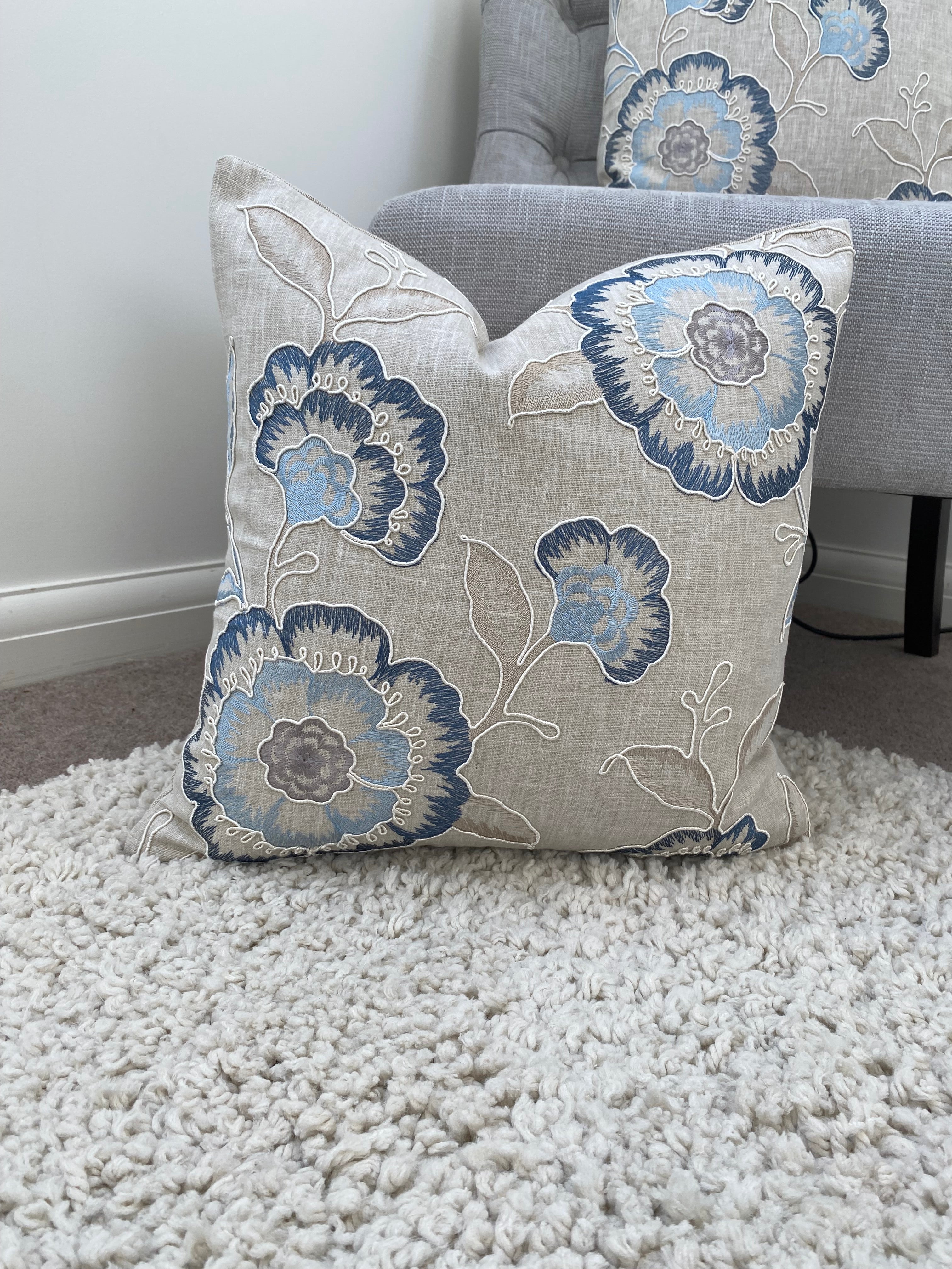Richmond Denim Blue Cushion, Handmade with Embroidered Floral Fabric