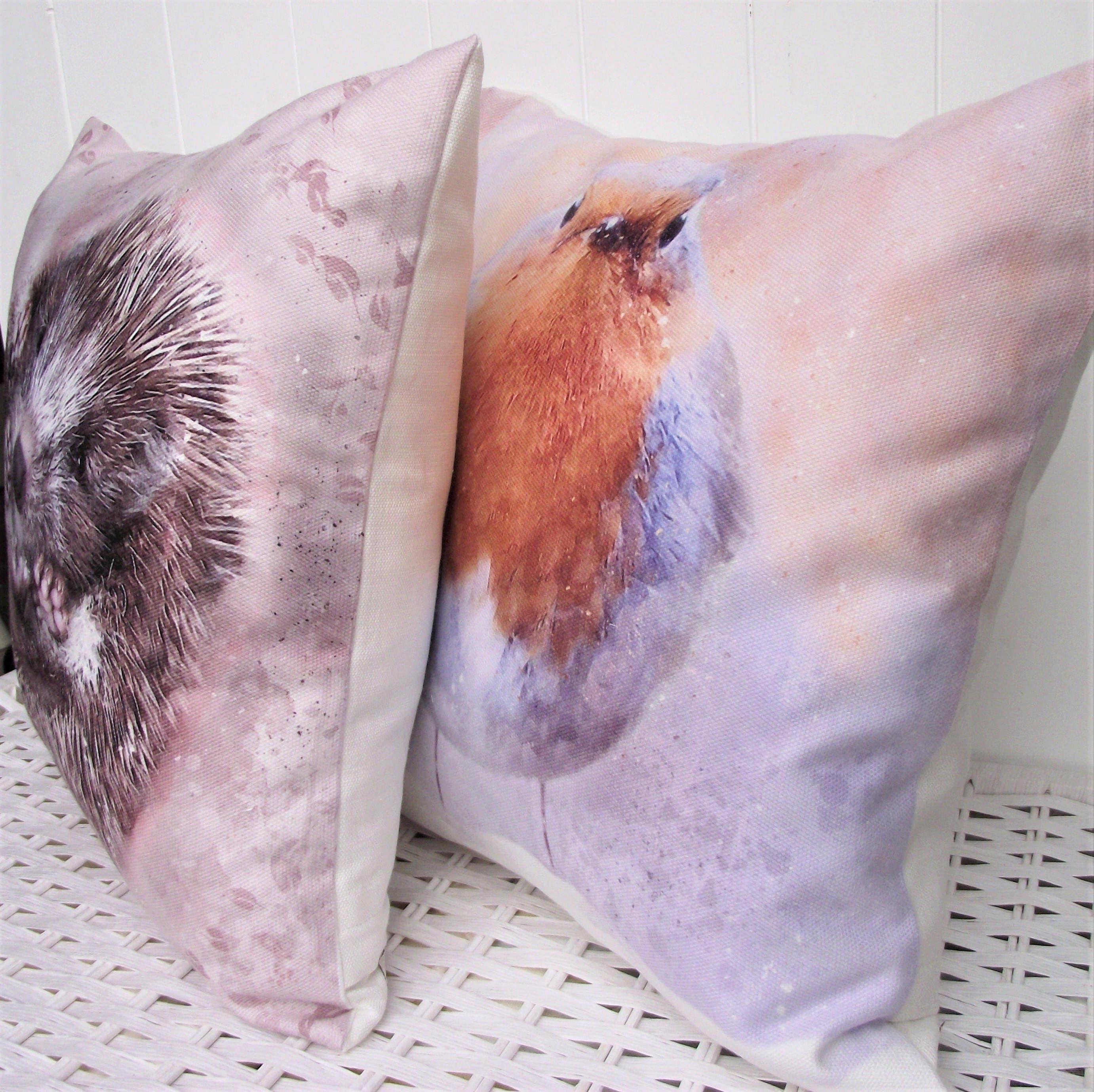 Winter Robin Cushion, Artist Watercolour Print Bird Pillow, Cover Only or Cover + Pad