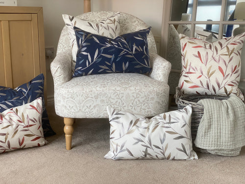 Embroidered Langley Leaf Blue Cushion, Handmade in John Lewis Fabric