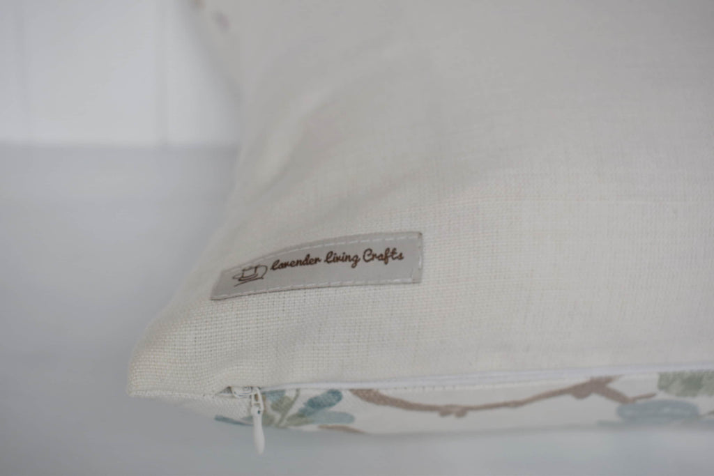 Laura Ashley Duck Egg Wisteria Cushion, backed with Laura Ashley Austen Off White, 16” Handmade with a Zip Fastening