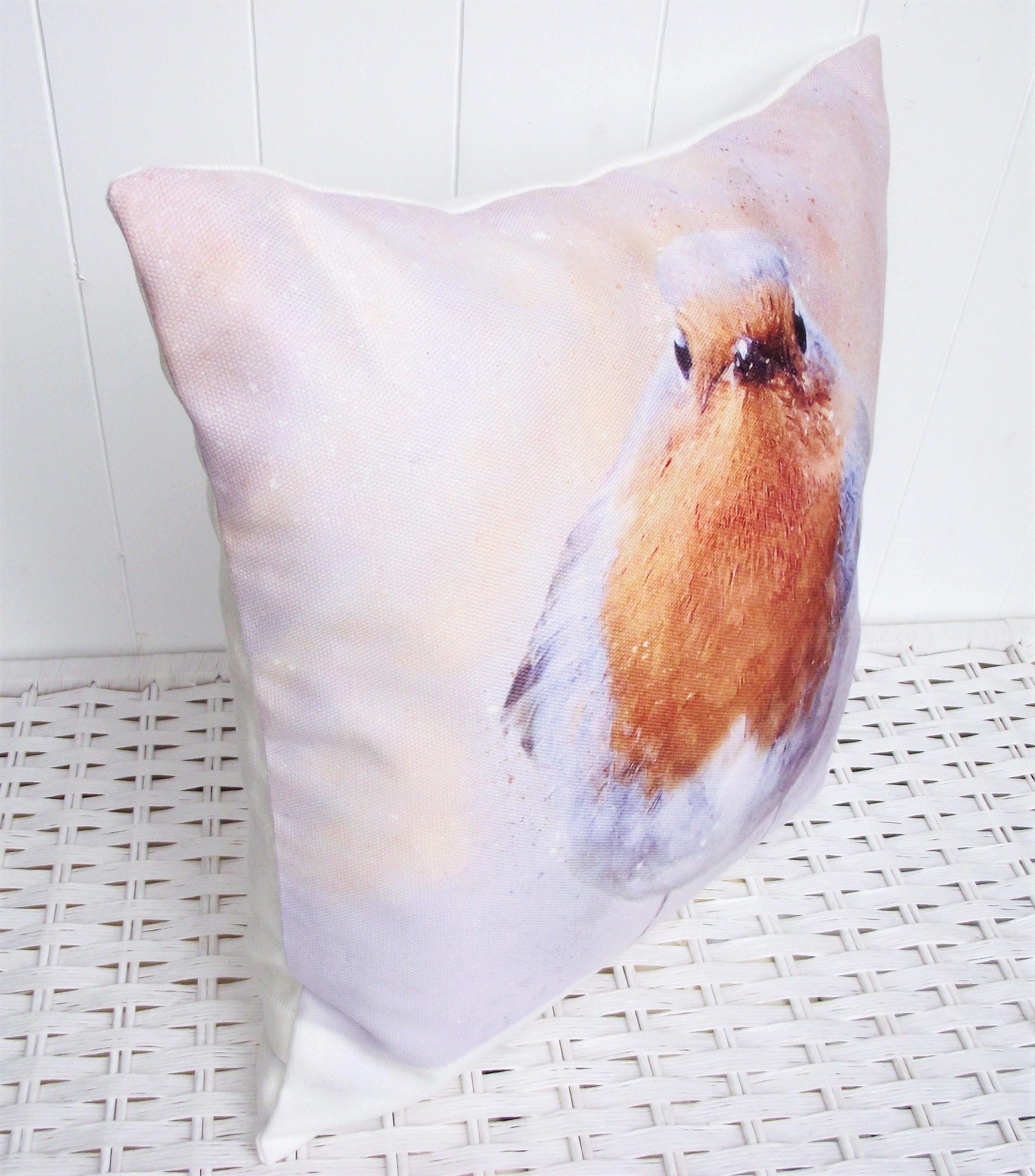 Winter Robin Cushion, Artist Watercolour Print Bird Pillow, Cover Only or Cover + Pad