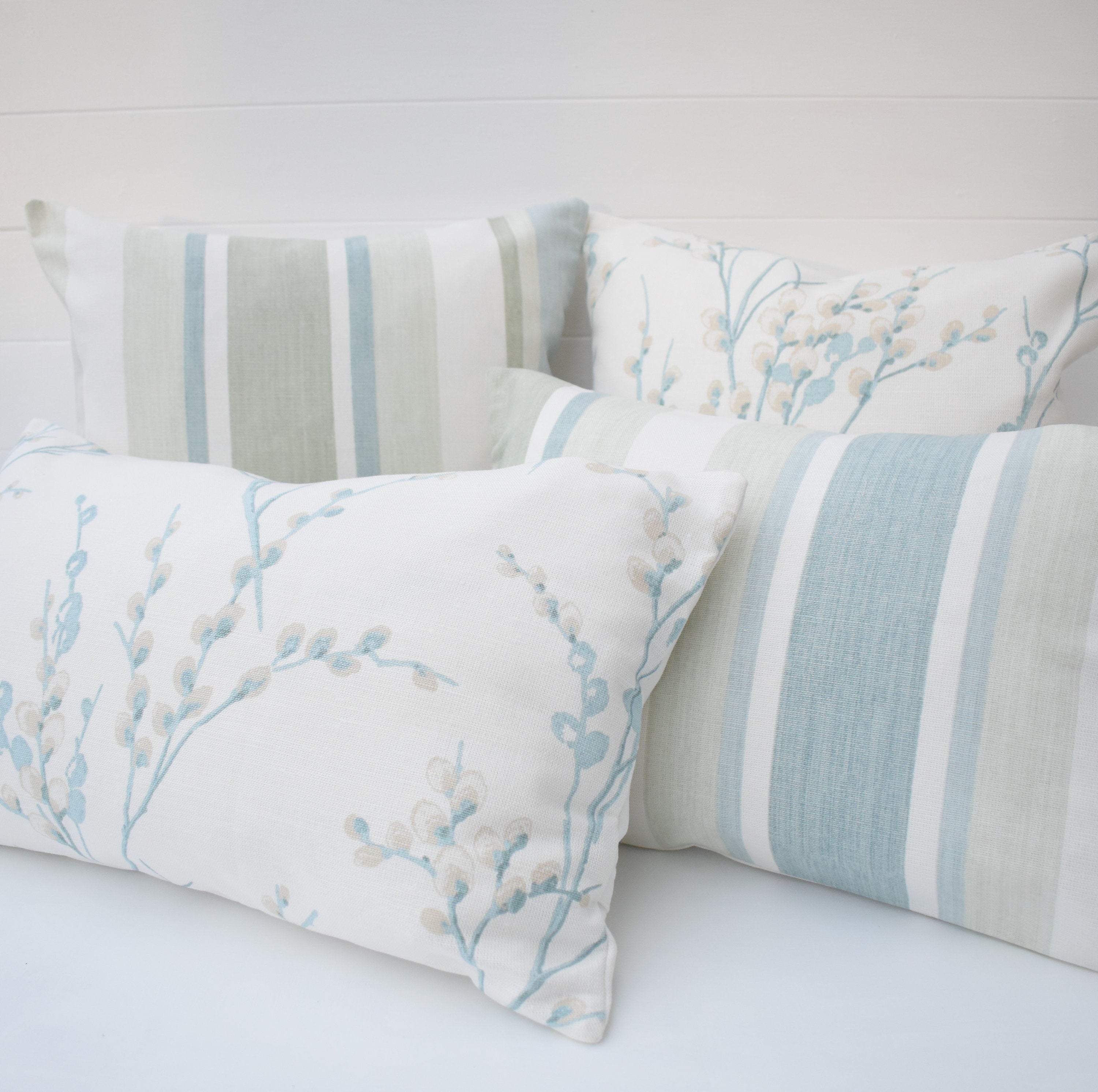 Laura Ashley Pussy Willow Duck Egg Cushion, backed in Laura Ashley Austen Off White, Handmade with a  Zip Fastening 16"