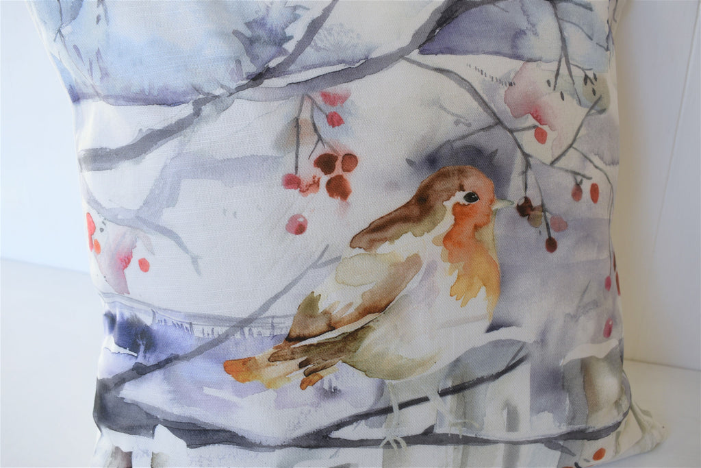 Handmade Winter Robin Cushion: Voyage Maison Watercolor Print, Laura Ashley Back
