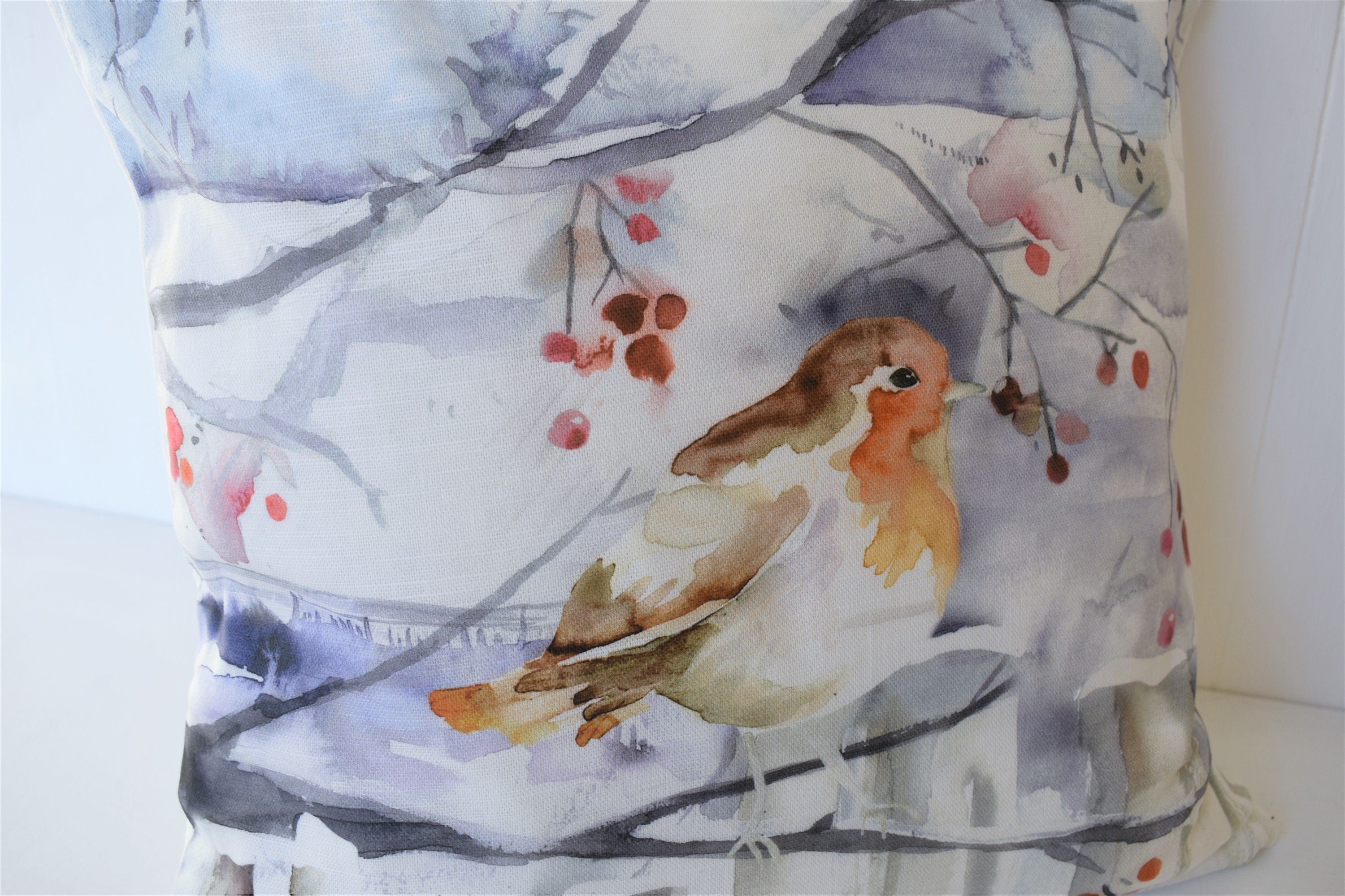 Handmade Winter Robin Cushion: Voyage Maison Watercolor Print, Laura Ashley Back