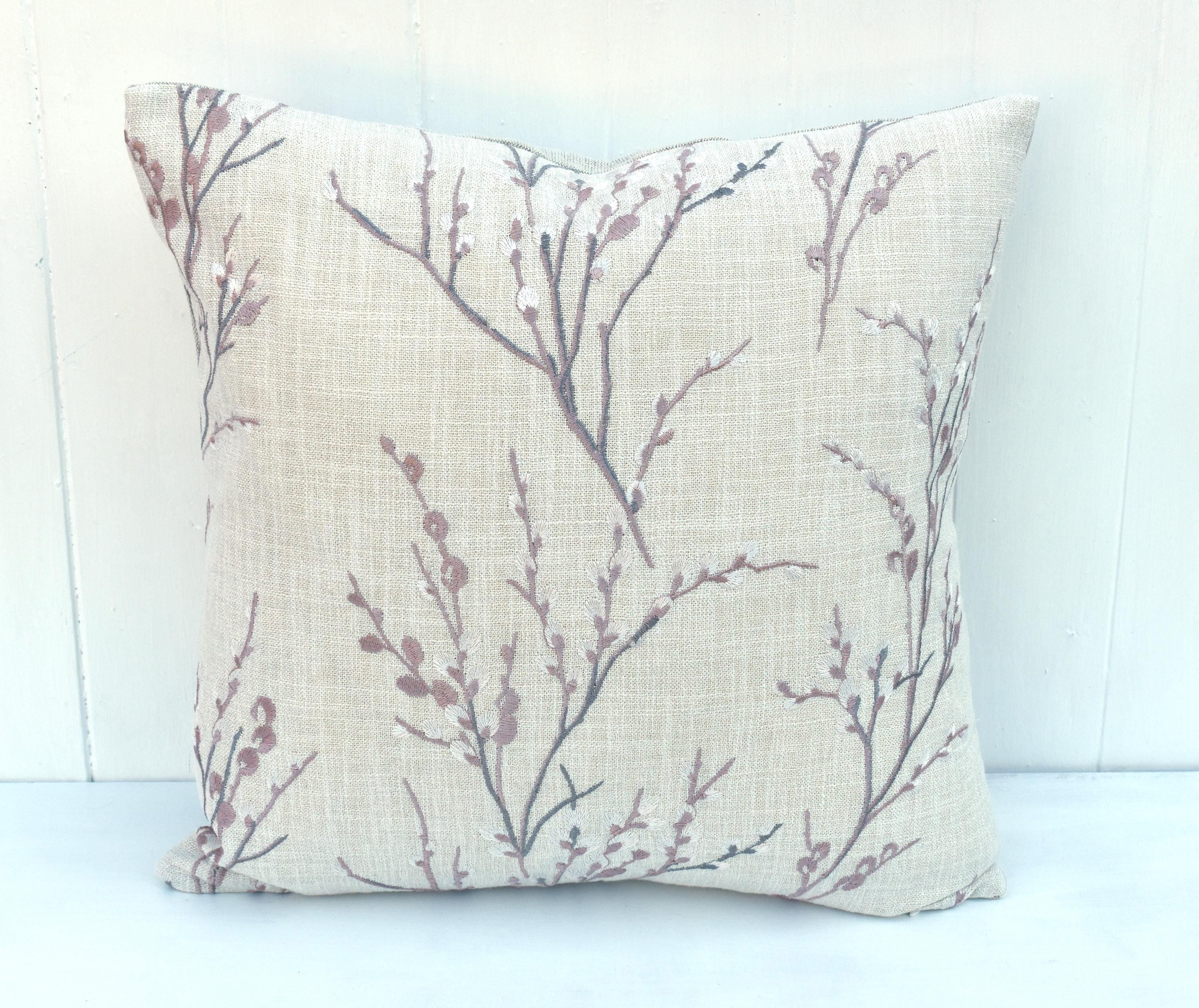 Laura Ashley Blush Pussy Willow Cushion, Embroidered Pillow backed in Austen Natural, Handmade with a Zip Fastening 16"