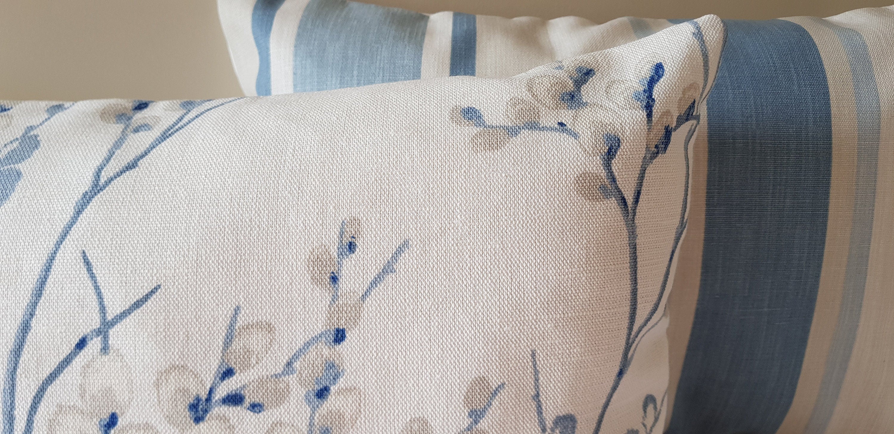 Laura Ashley Blue Seaspray Pussy Willow Cushion, with Austen Off White back, Handmade with a Zip fastening 18" by 12"