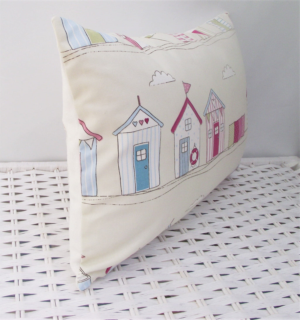Handmade Beach Hut Cushion: Pink Fryetts Fabric, Holiday Home Pillow