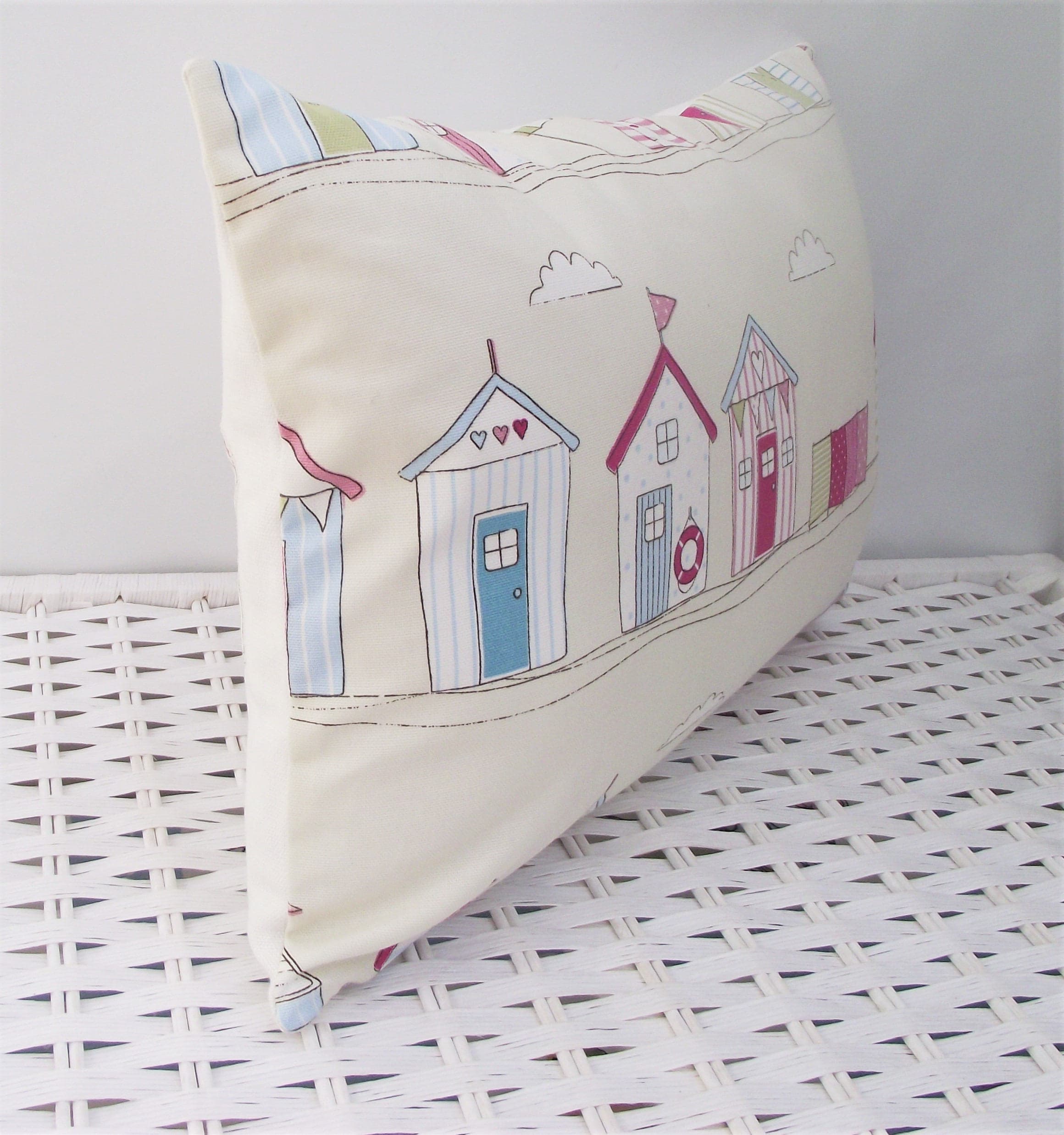 Handmade Beach Hut Cushion: Pink Fryetts Fabric, Holiday Home Pillow