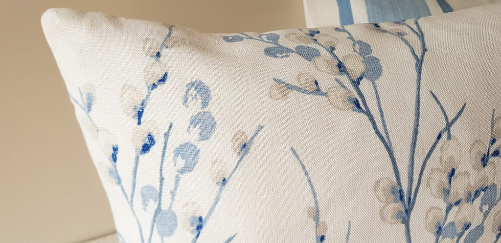 Laura Ashley Blue Seaspray Pussy Willow Cushion, with Austen Off White back, Handmade with a Zip fastening 18" by 12"