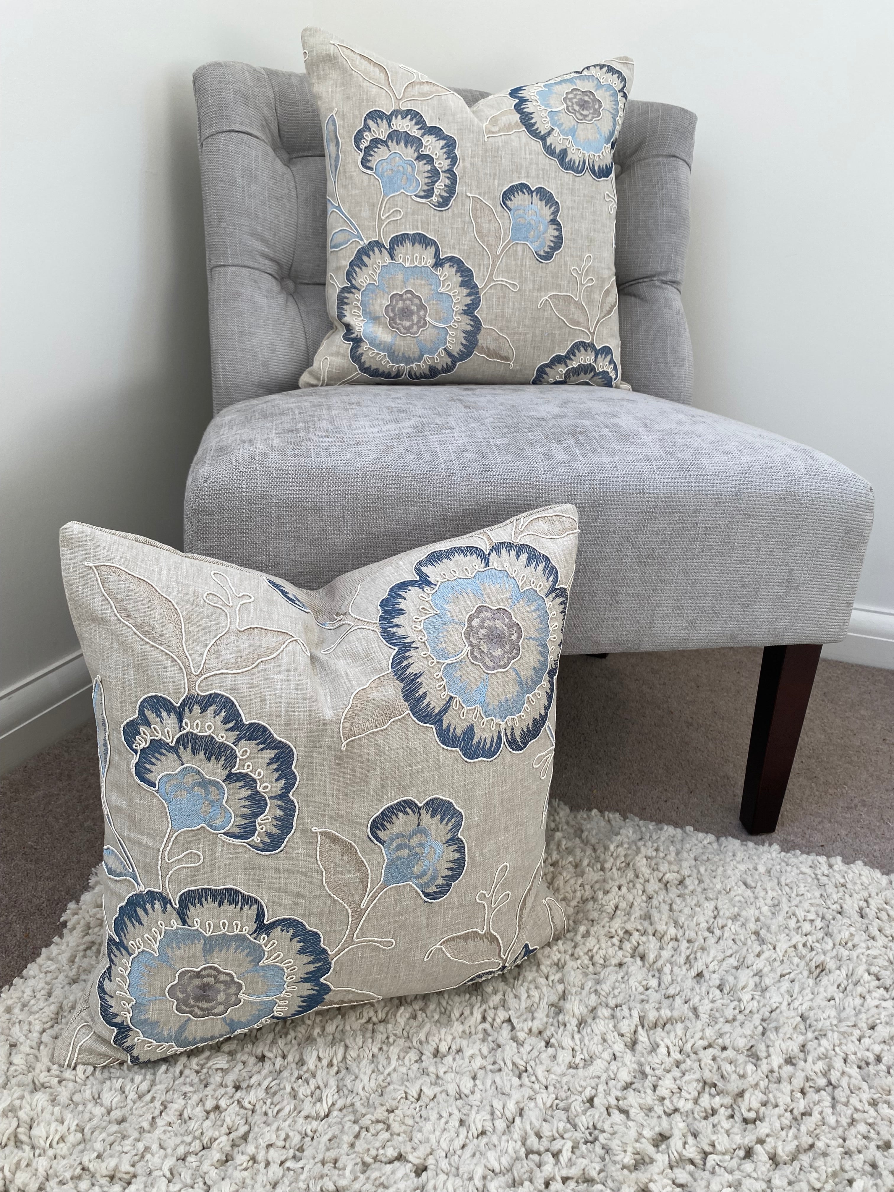 Richmond Denim Blue Cushion, Handmade with Embroidered Floral Fabric