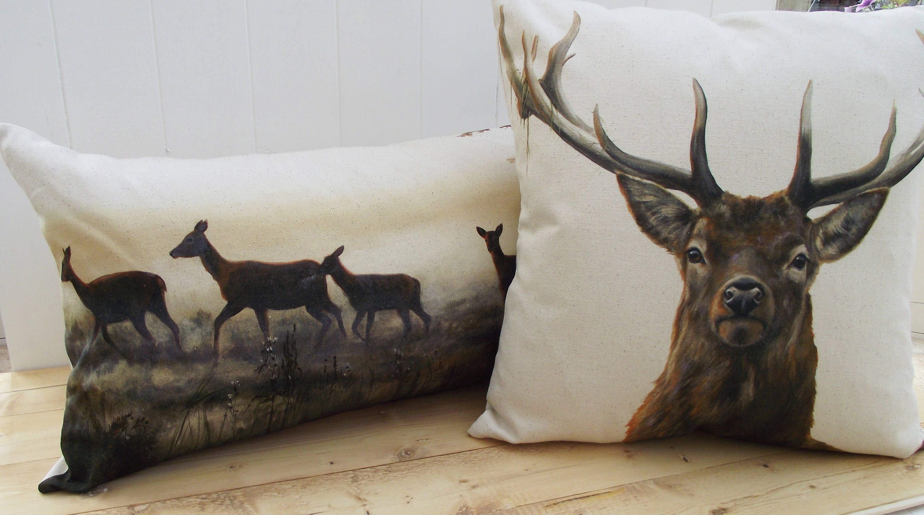 Stag Art Print Cushion: Organic Cotton Deer Pillow, Cover only or Cover with Pad