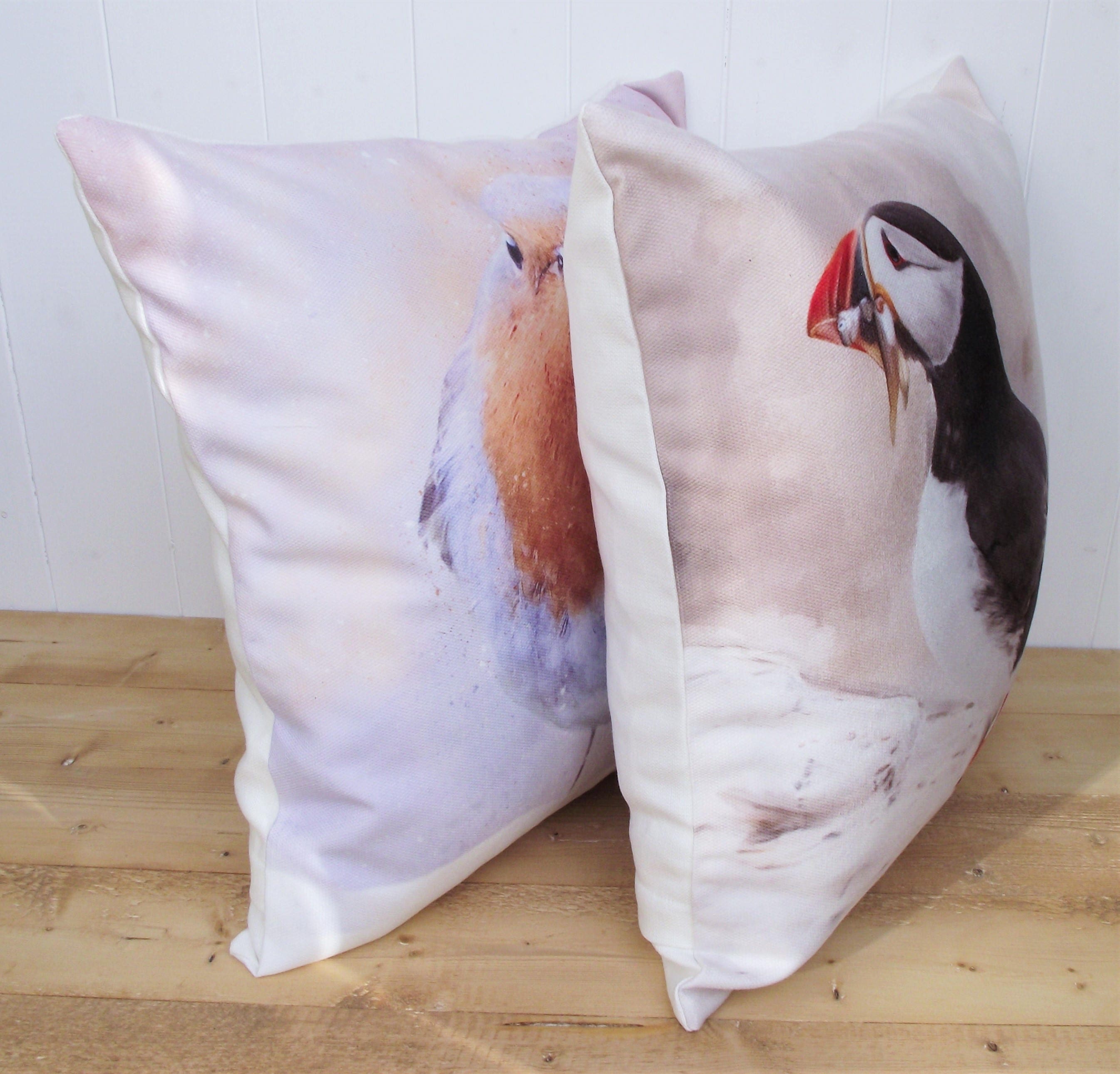 Puffin Bird Cushion: Handmade Coastal Pillow, Cover Only or Cover + Pad