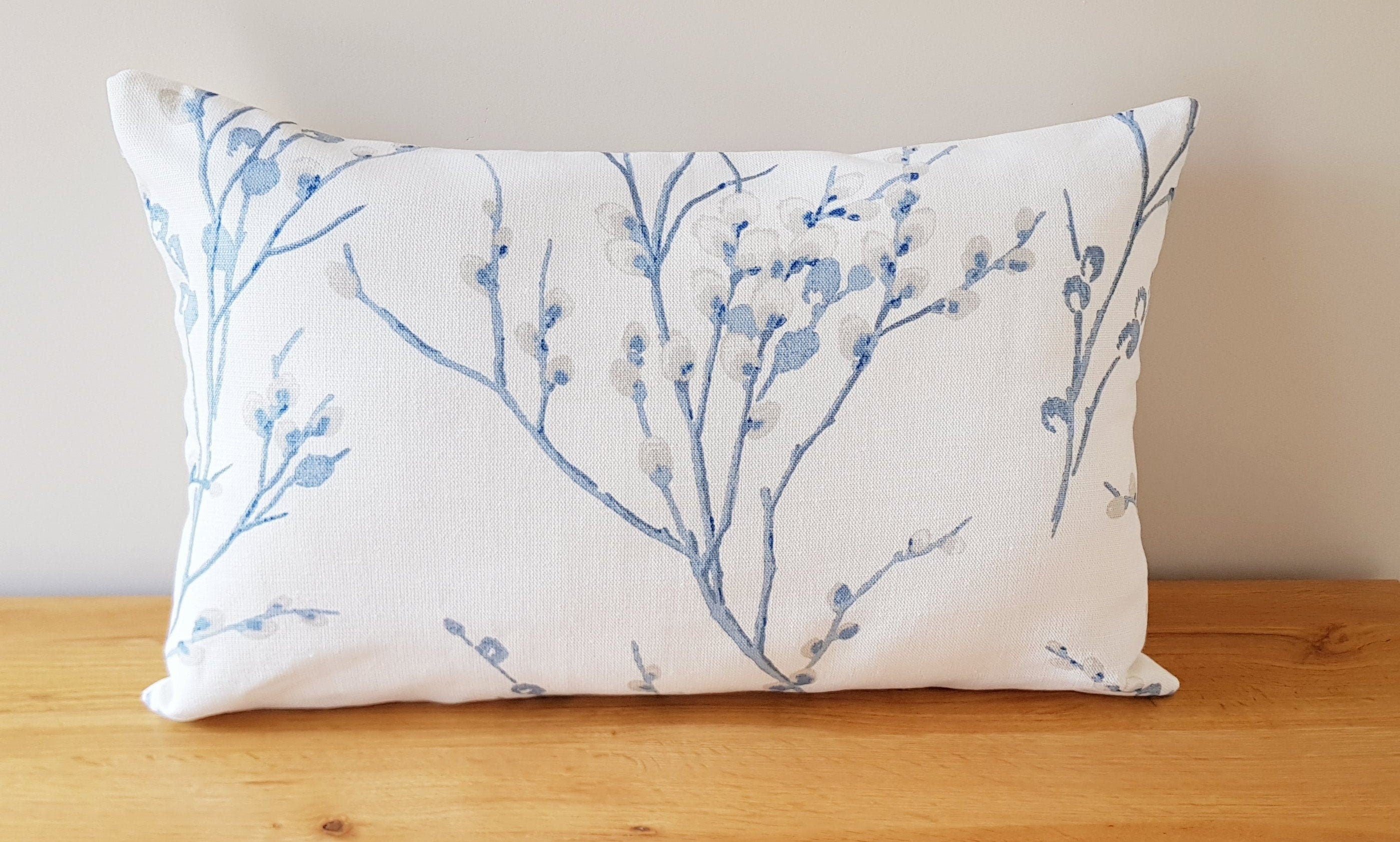 Laura Ashley Blue Seaspray Pussy Willow Cushion, with Austen Off White back, Handmade with a Zip fastening 18" by 12"
