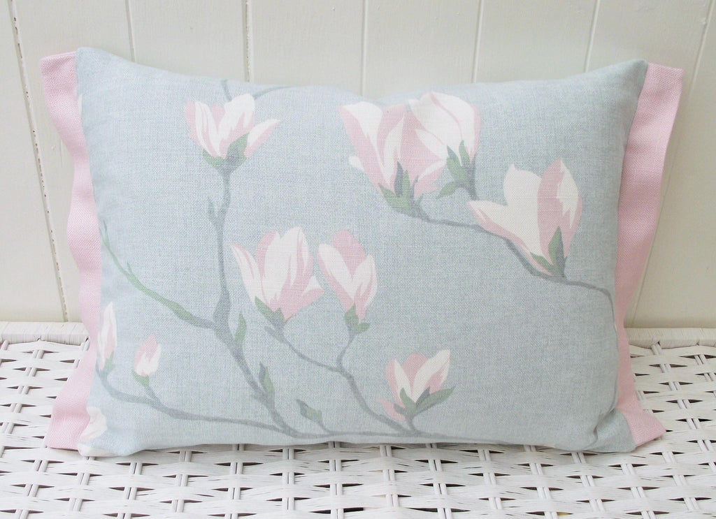 Laura Ashley Magnolia Grove Duck Egg Cushion, Handmade with Pink Edging