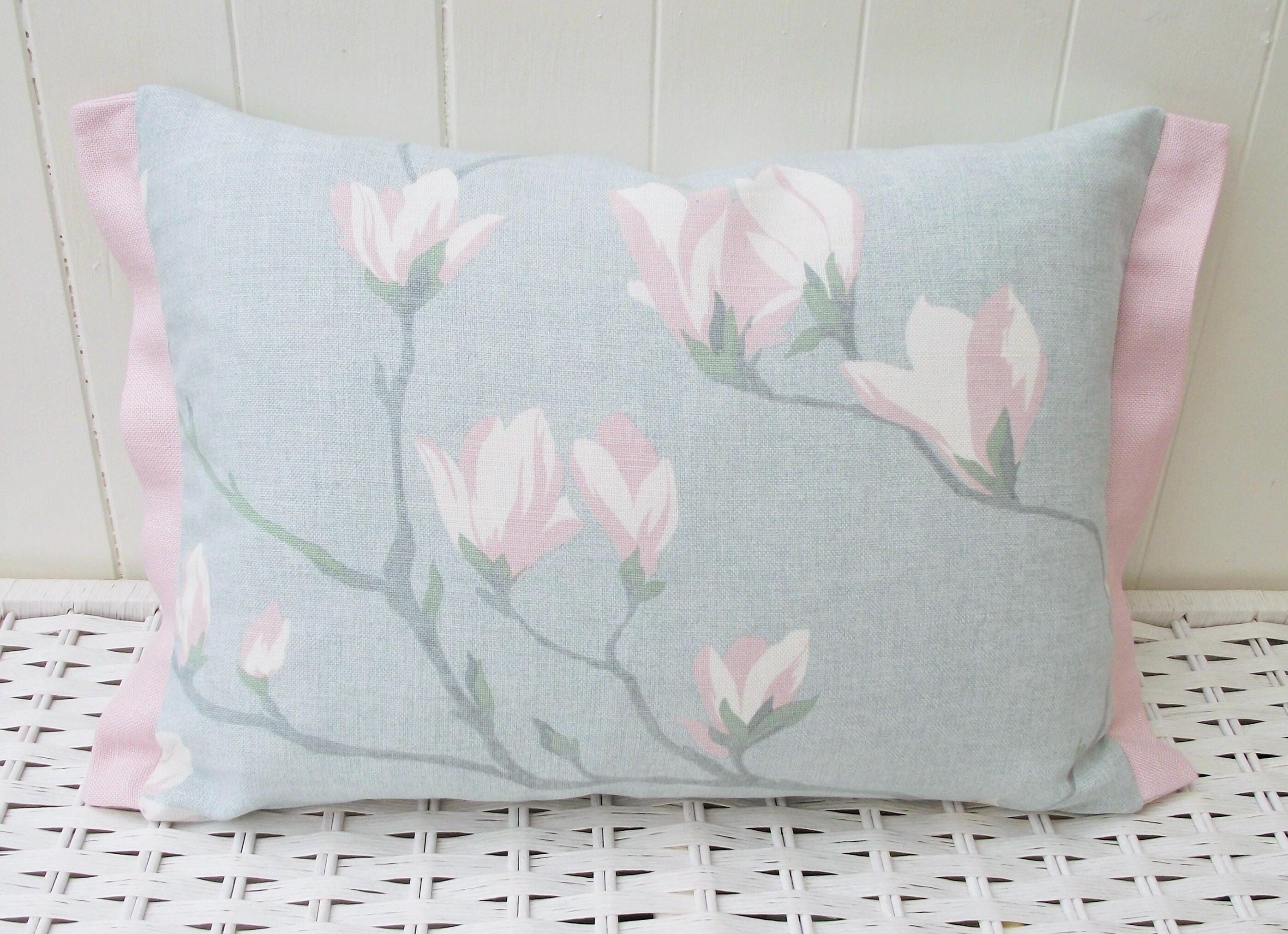 Laura Ashley Magnolia Grove Duck Egg Cushion, Handmade with Pink Edging